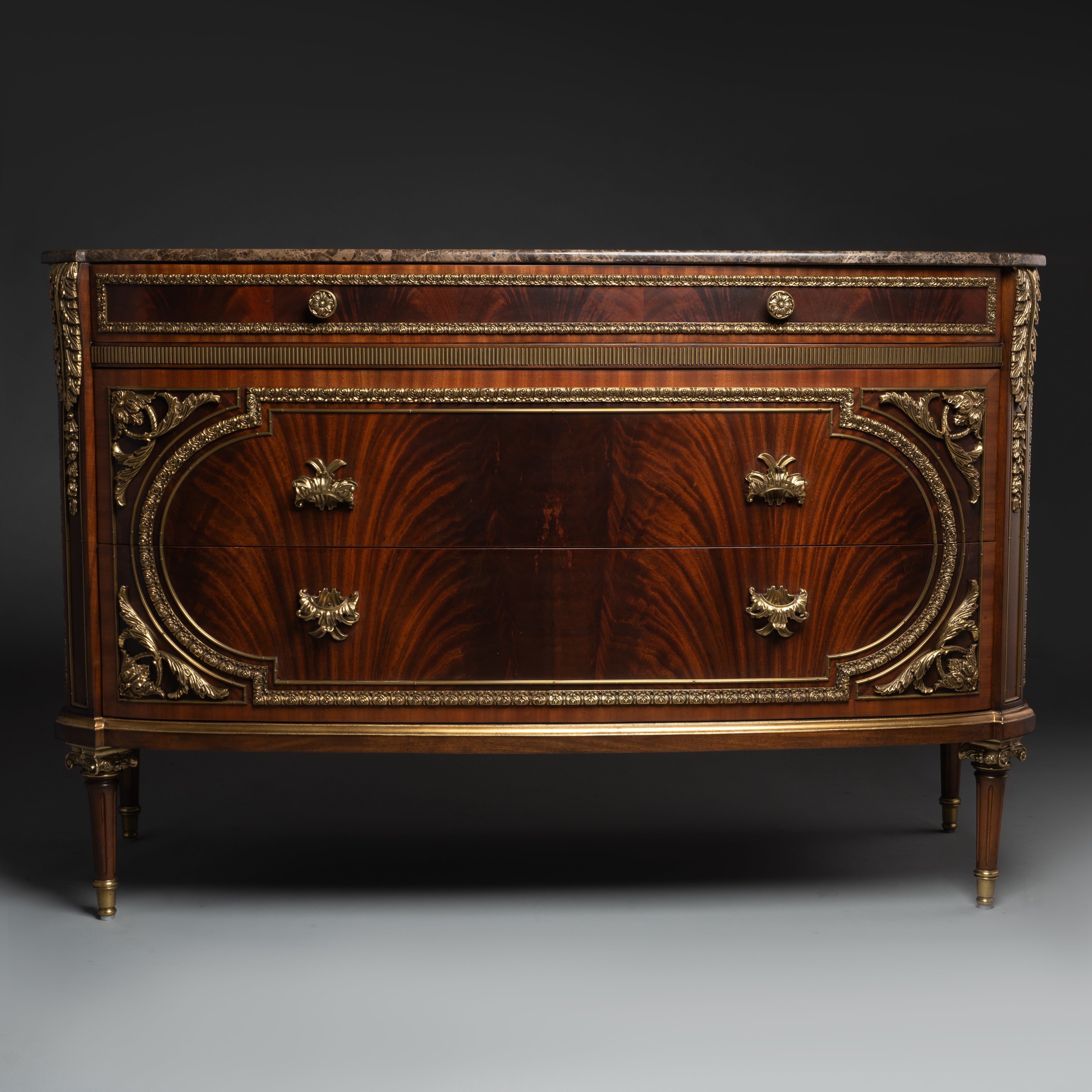 French Louis XVI Style Commode with Brass Ornaments and Marble Top