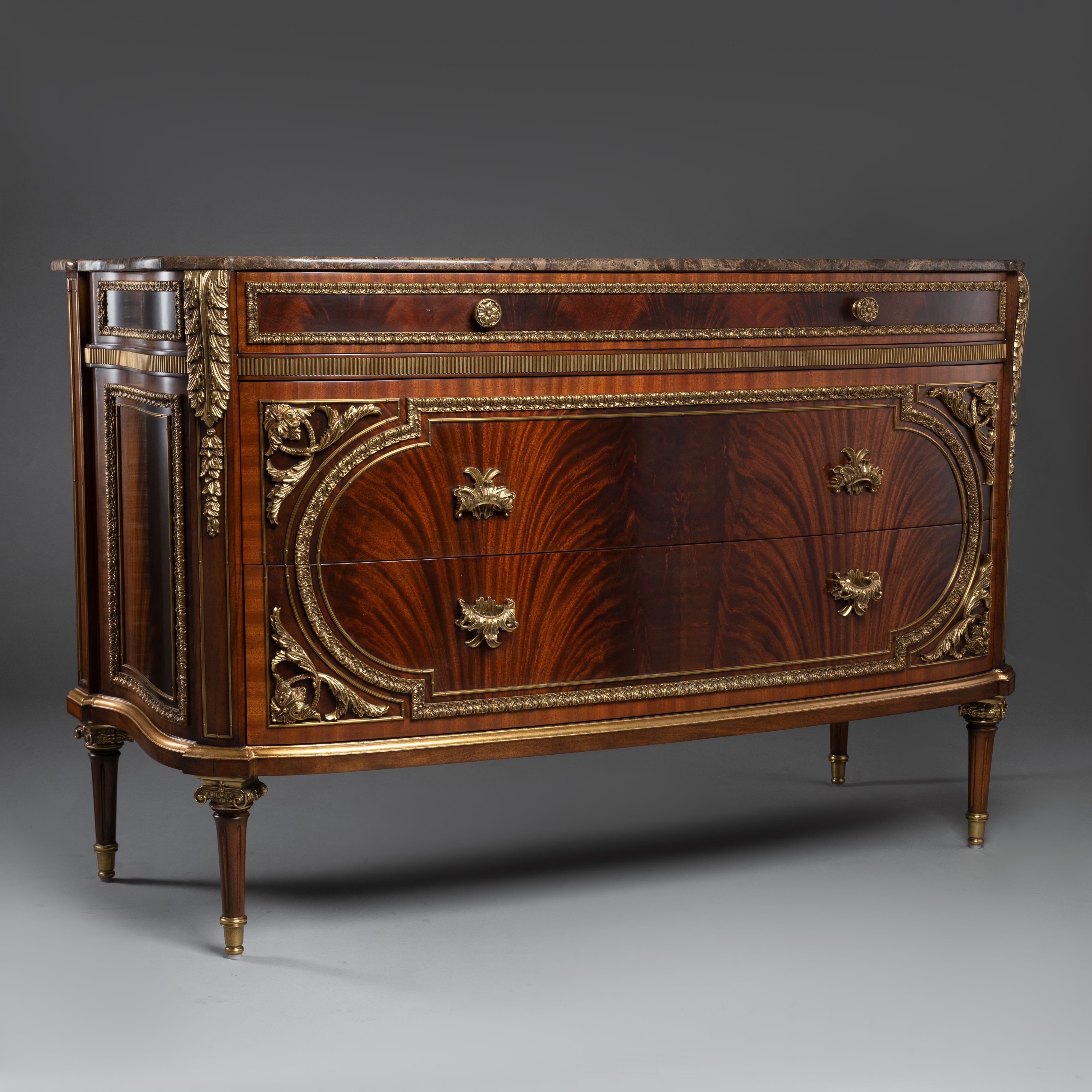French Louis XVI Style Commode with Brass Ornaments and Marble Top