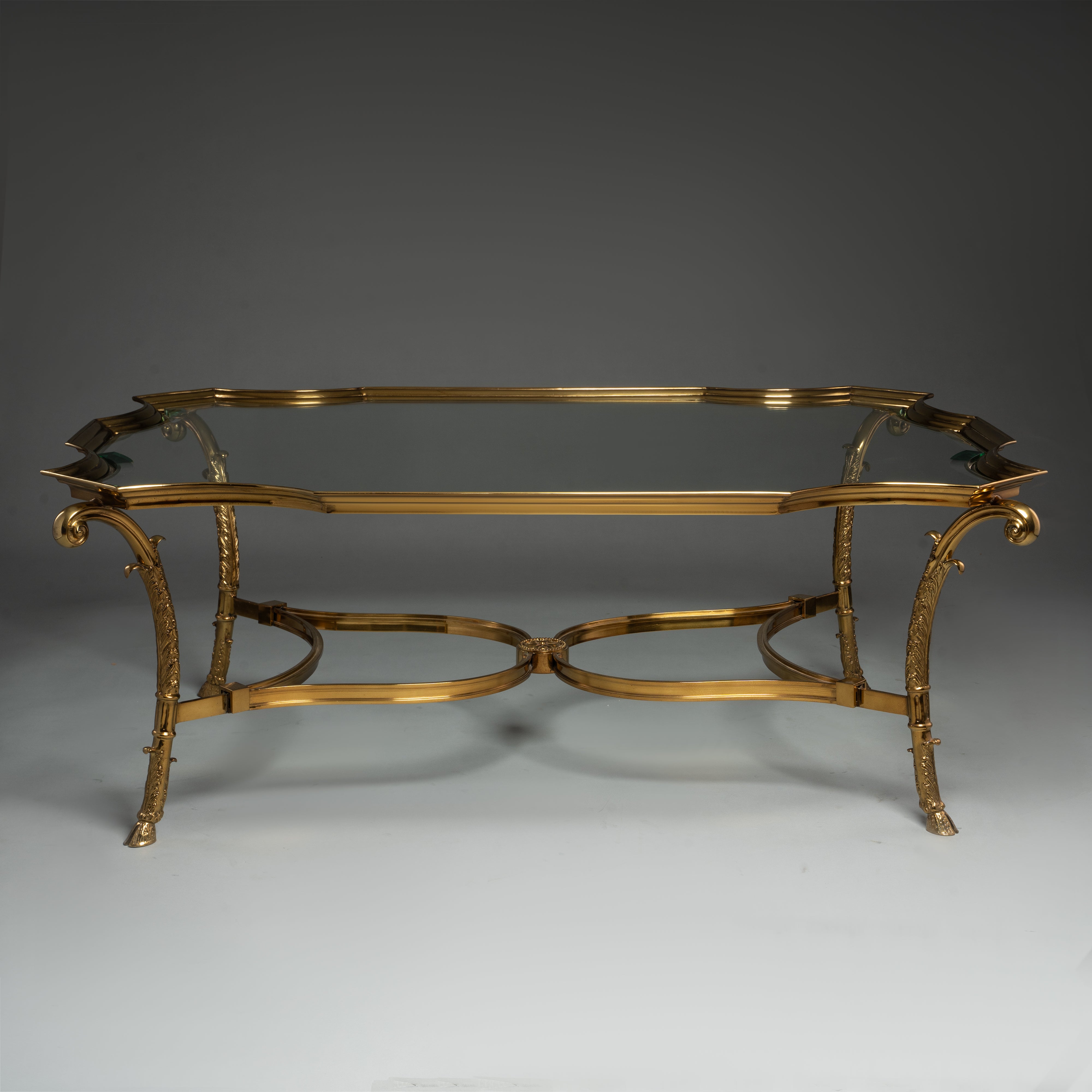 Ornate Brass and Glass Coffee Table with Scrollwork Legs