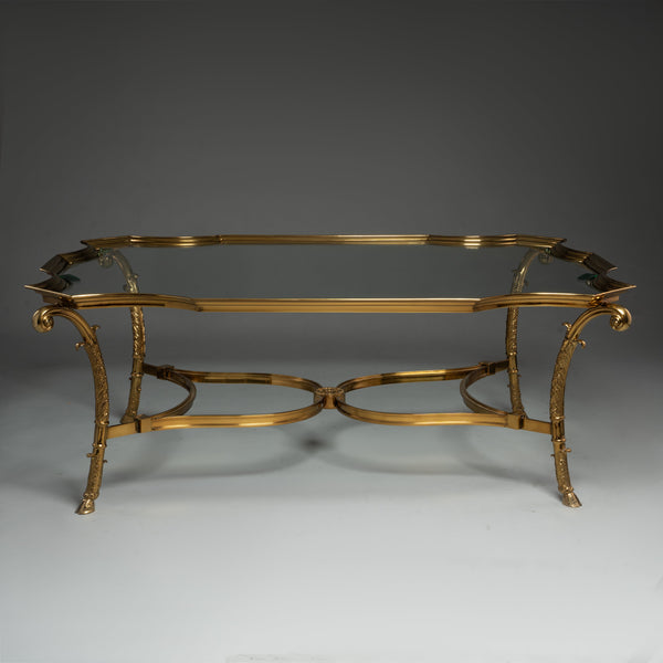 Ornate Brass and Glass Coffee Table with Scrollwork Legs