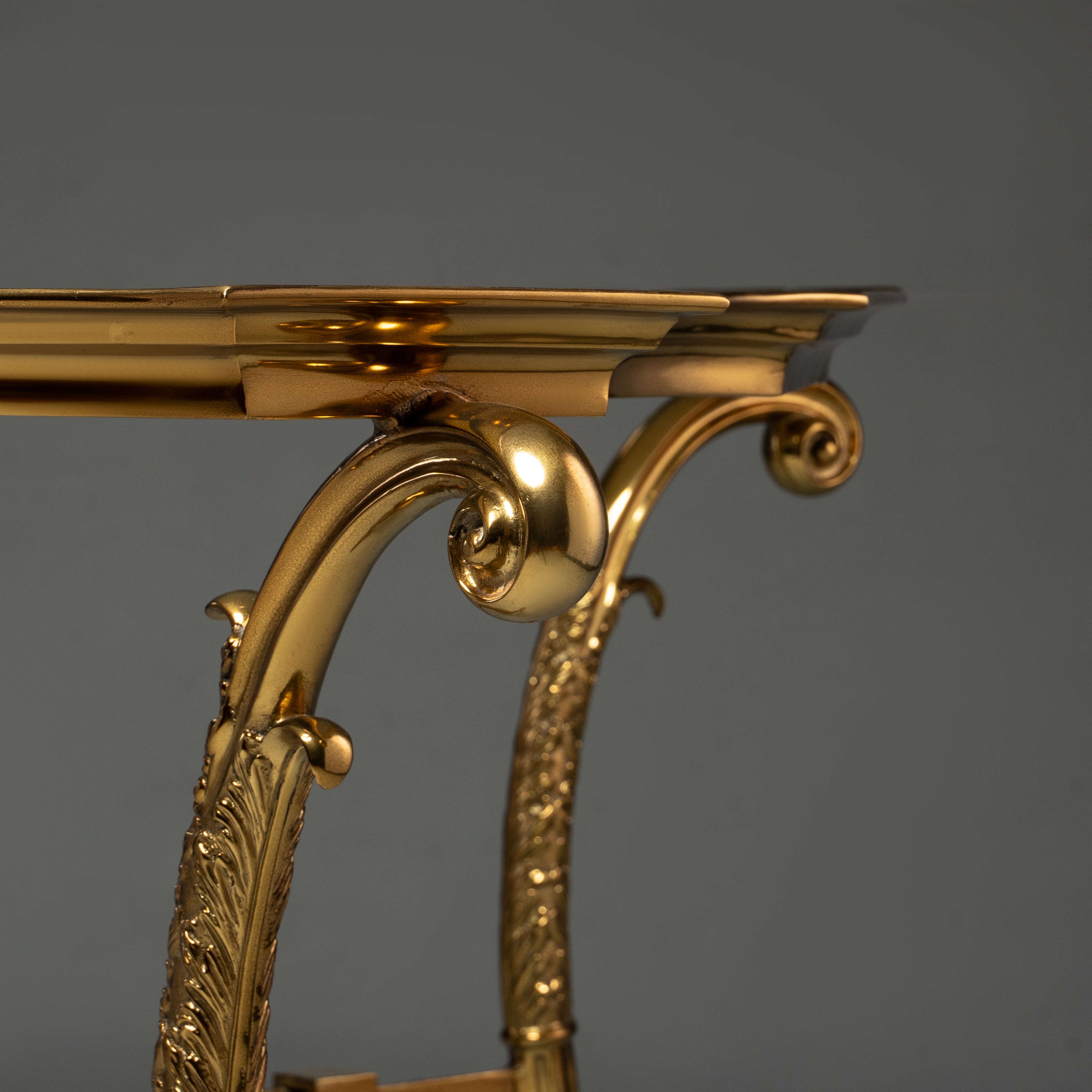 Ornate Brass and Glass Coffee Table with Scrollwork Legs
