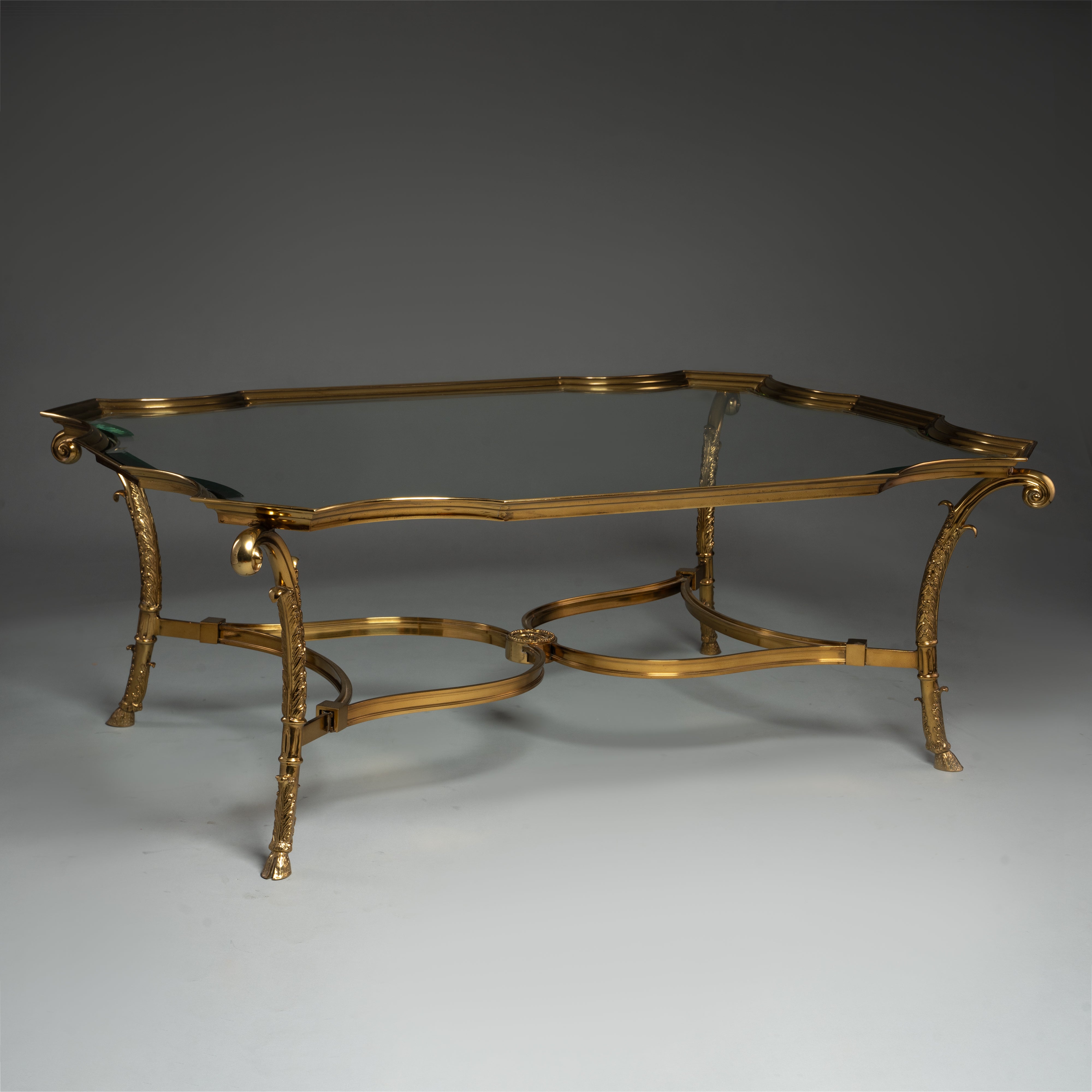 Ornate Brass and Glass Coffee Table with Scrollwork Legs