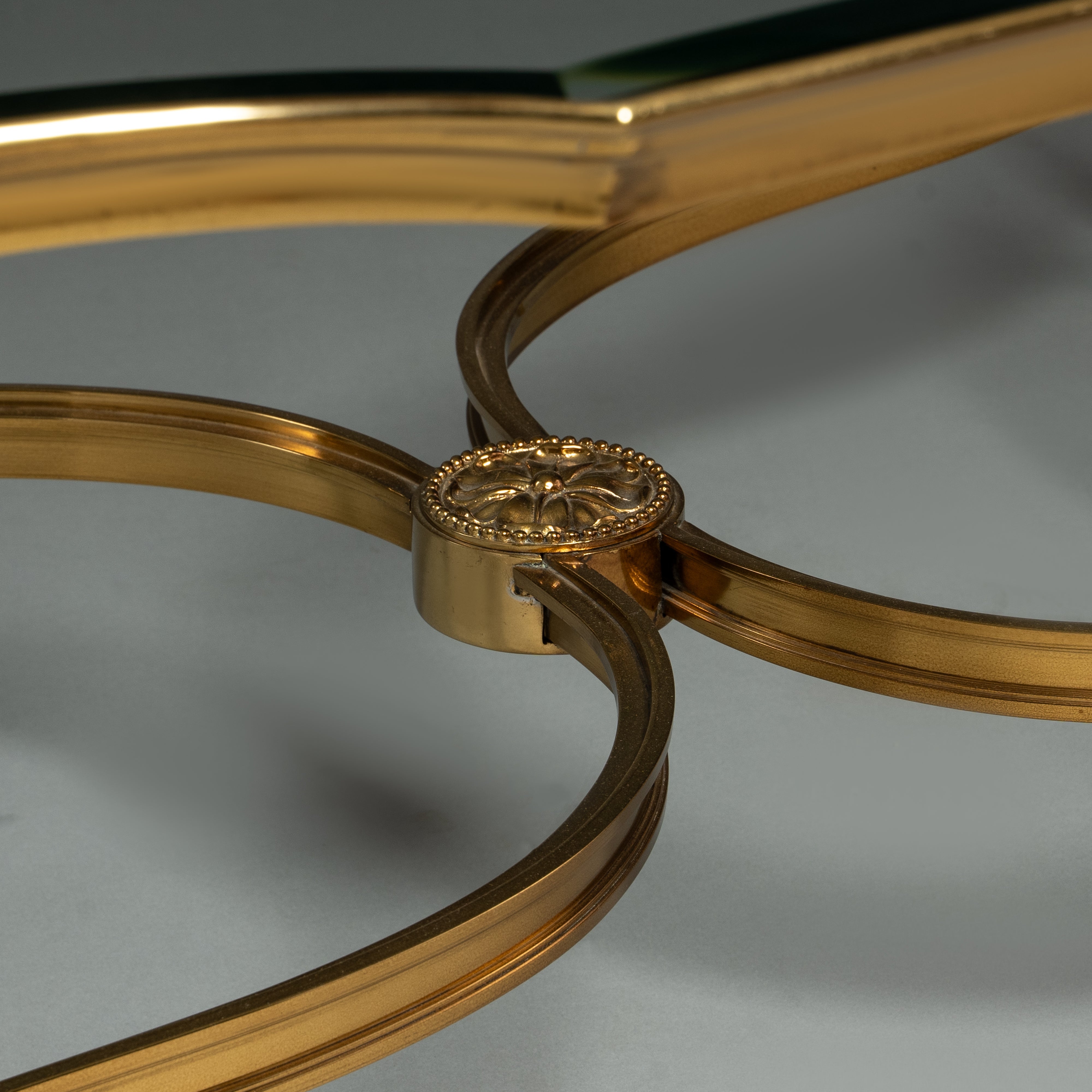 Ornate Brass and Glass Coffee Table with Scrollwork Legs