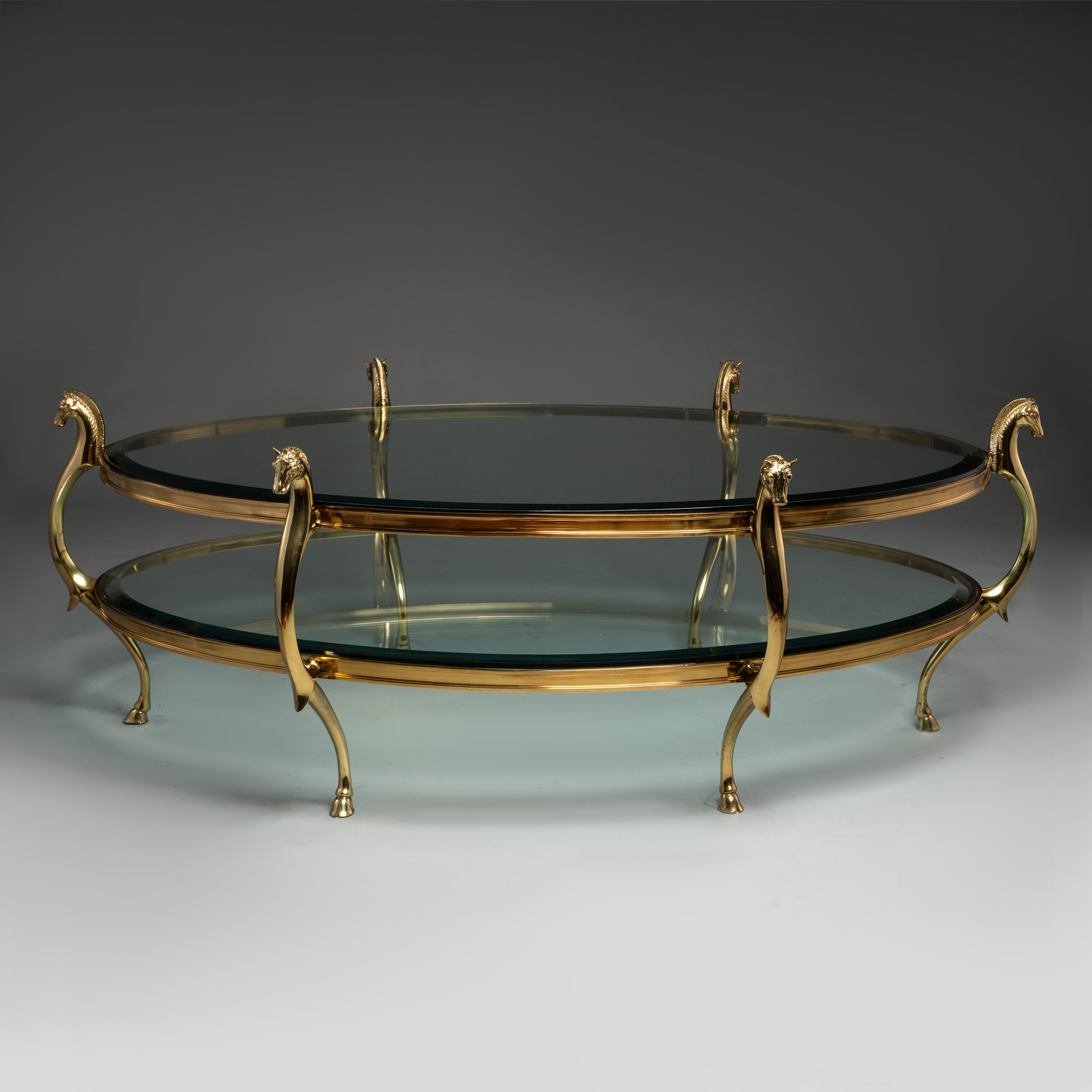 Mid-Century Brass and Glass Coffee Table with Horse Head Details