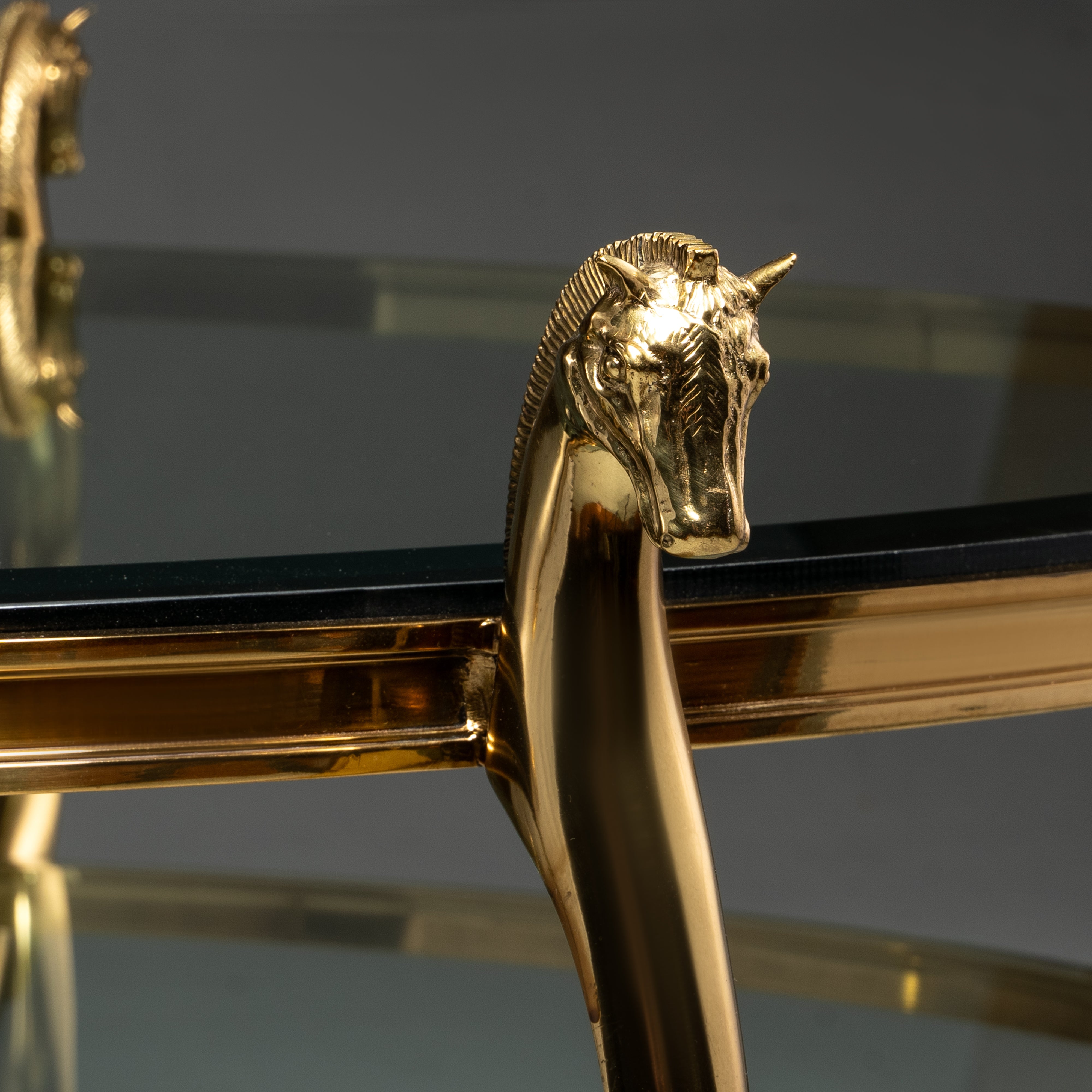 Mid-Century Brass and Glass Coffee Table with Horse Head Details