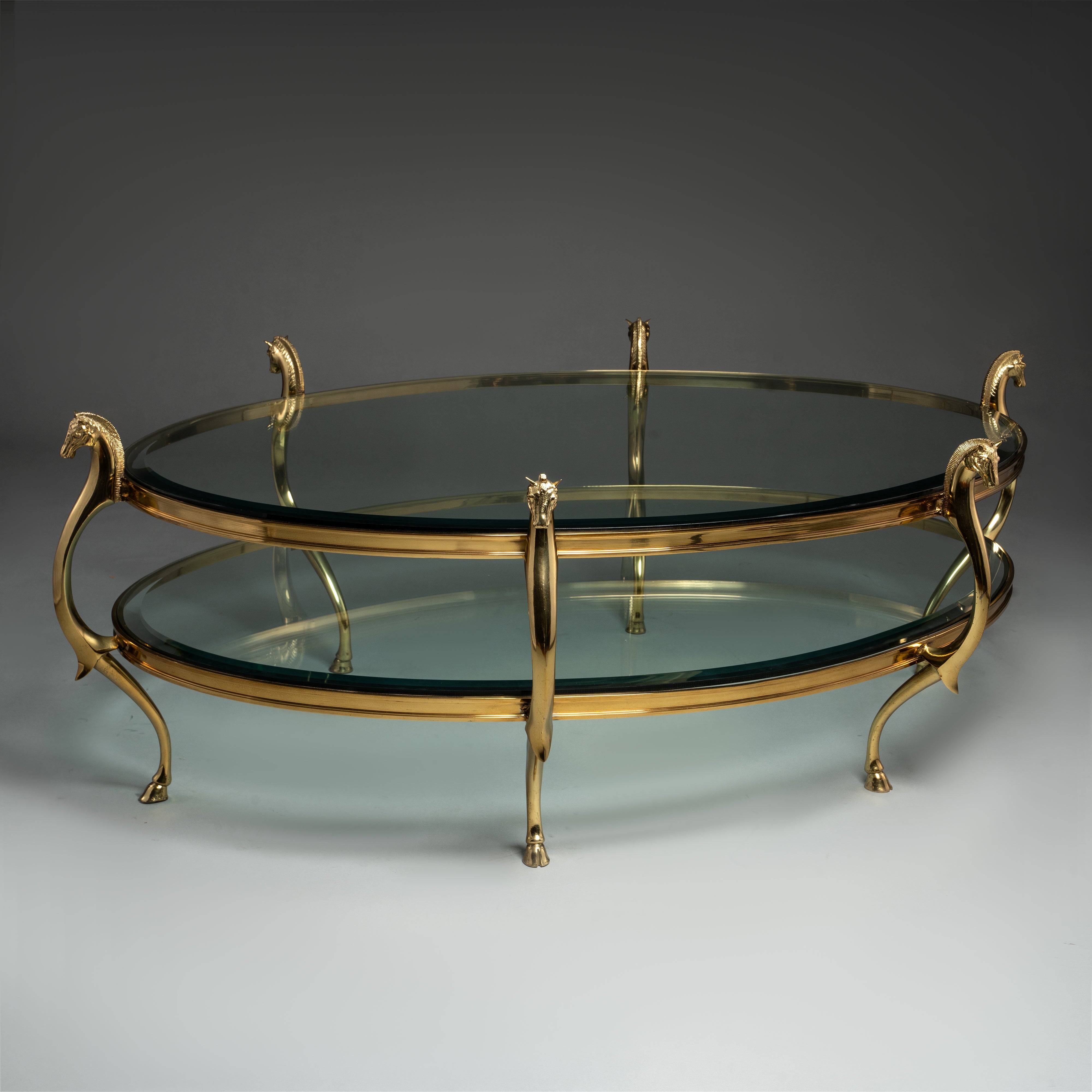 Mid-Century Brass and Glass Coffee Table with Horse Head Details