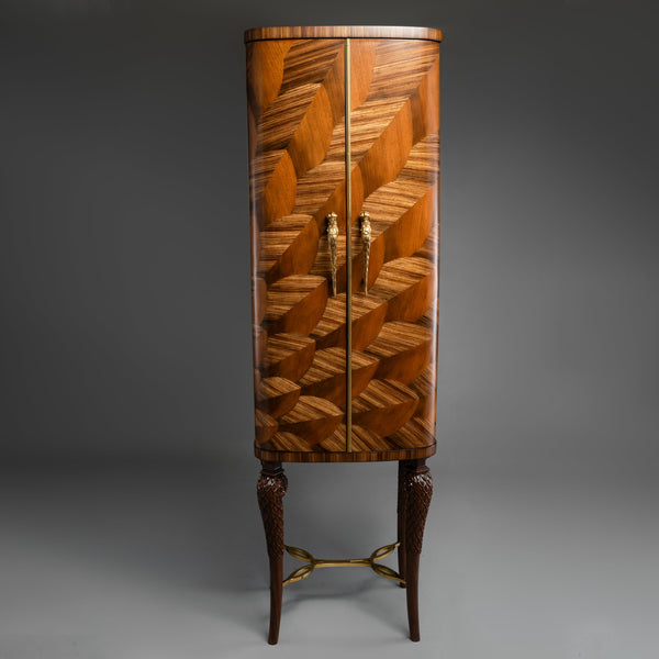 Art Deco Style Tall Cabinet with Geometric Wood Veneer and Brass Handles
