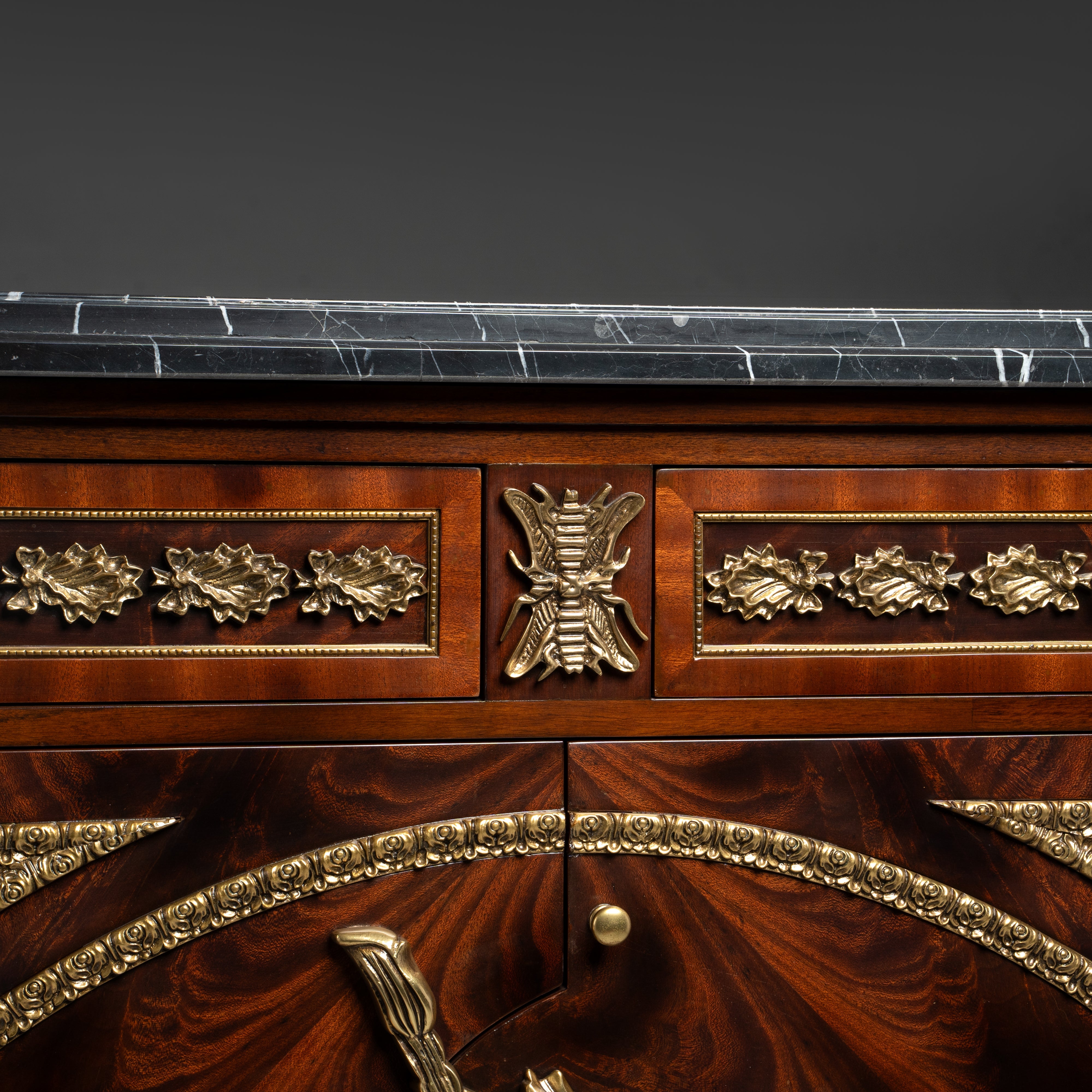 Empire Style Mahogany Cabinet with Black Marble Top and Brass Ornaments