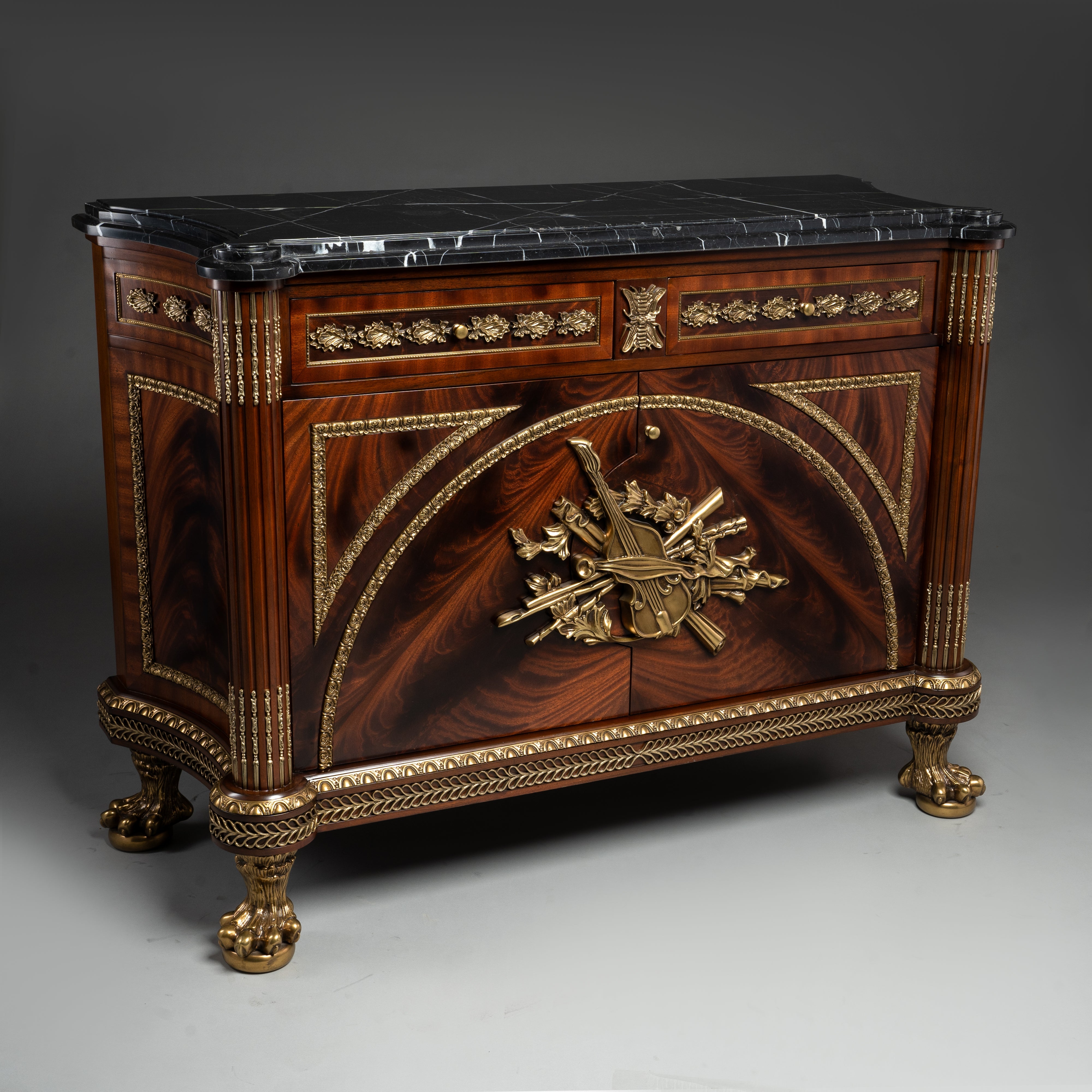 Empire Style Mahogany Cabinet with Black Marble Top and Brass Ornaments