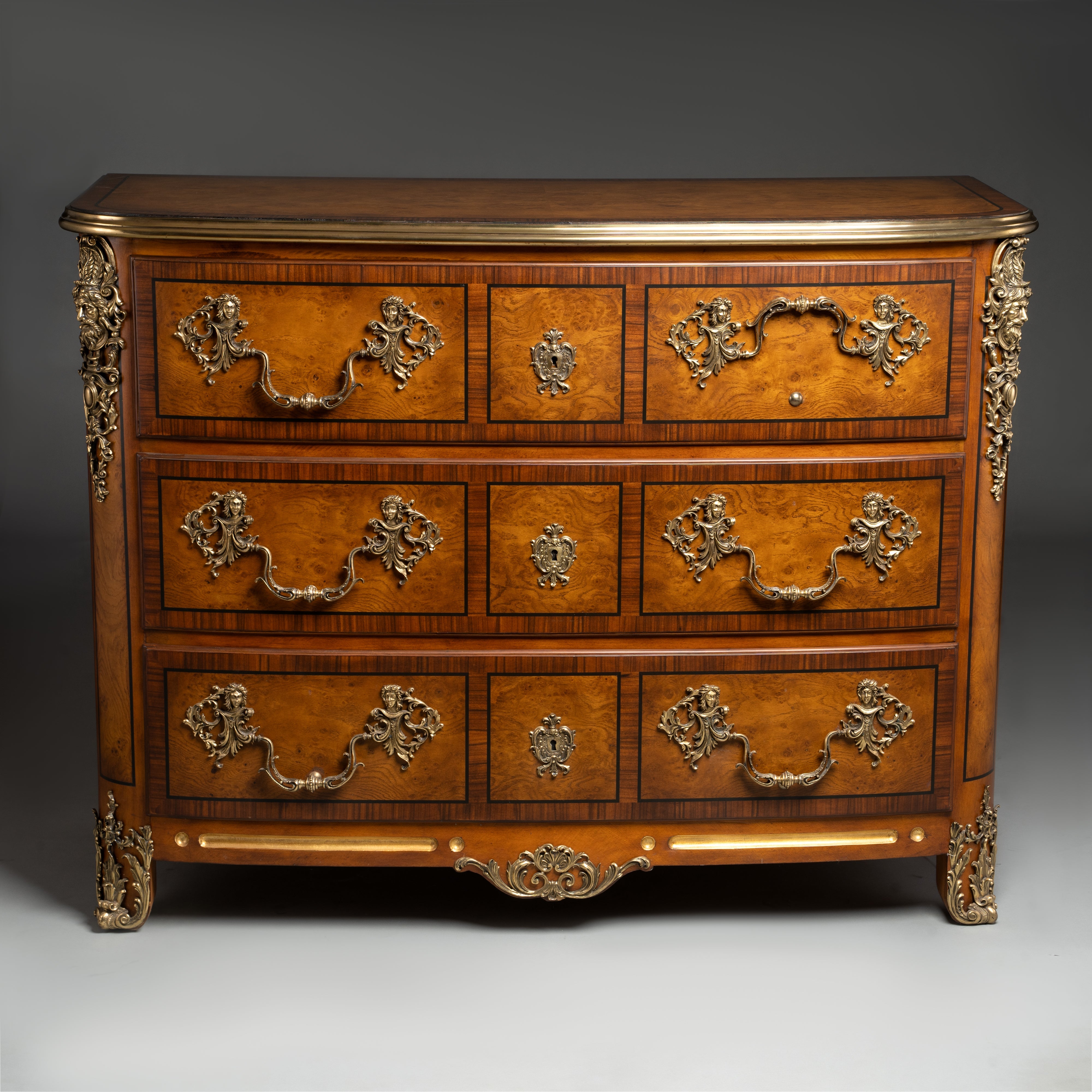 Baroque Style Chest of Drawers with Brass Ornaments and Burl Wood Veneer