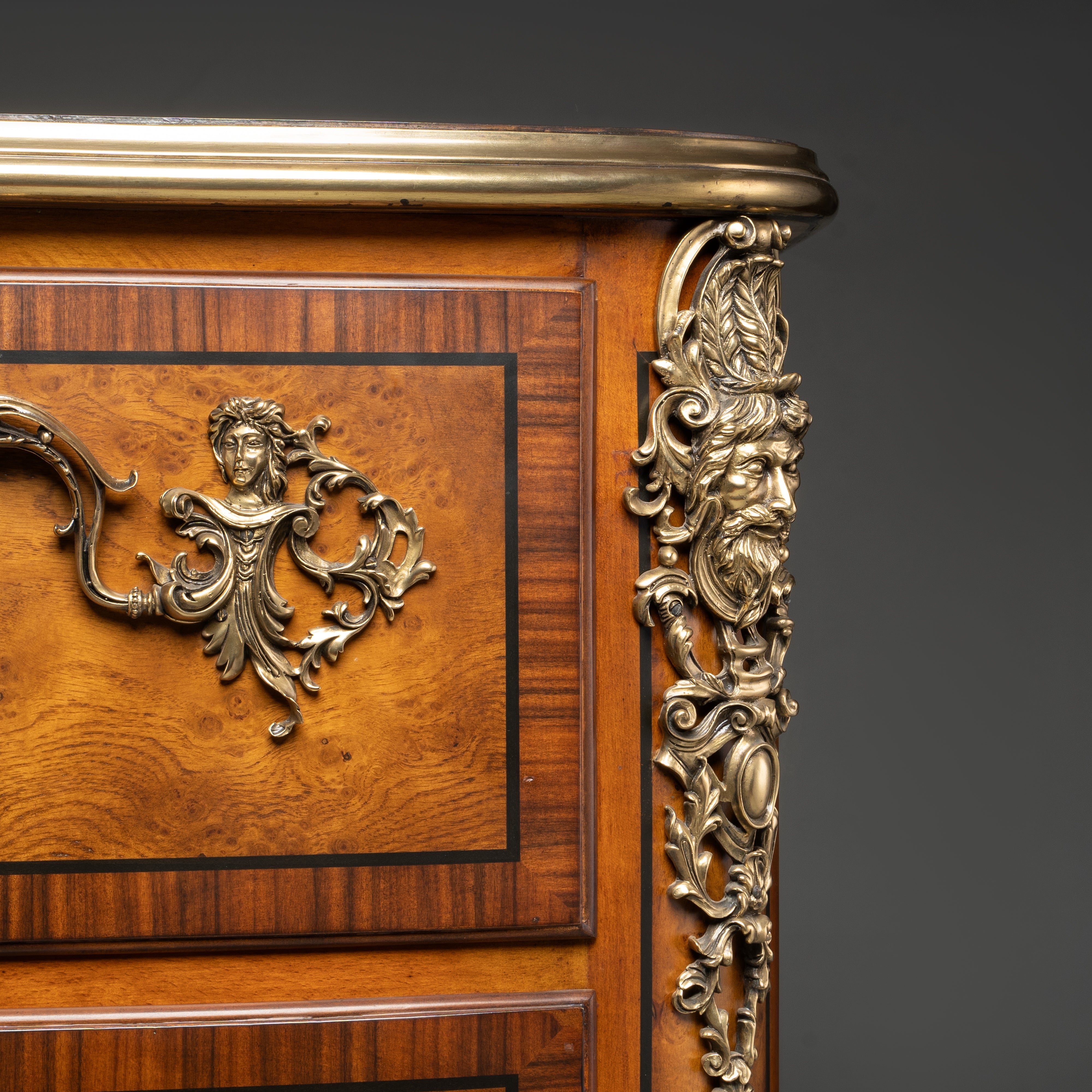 Baroque Style Chest of Drawers with Brass Ornaments and Burl Wood Veneer