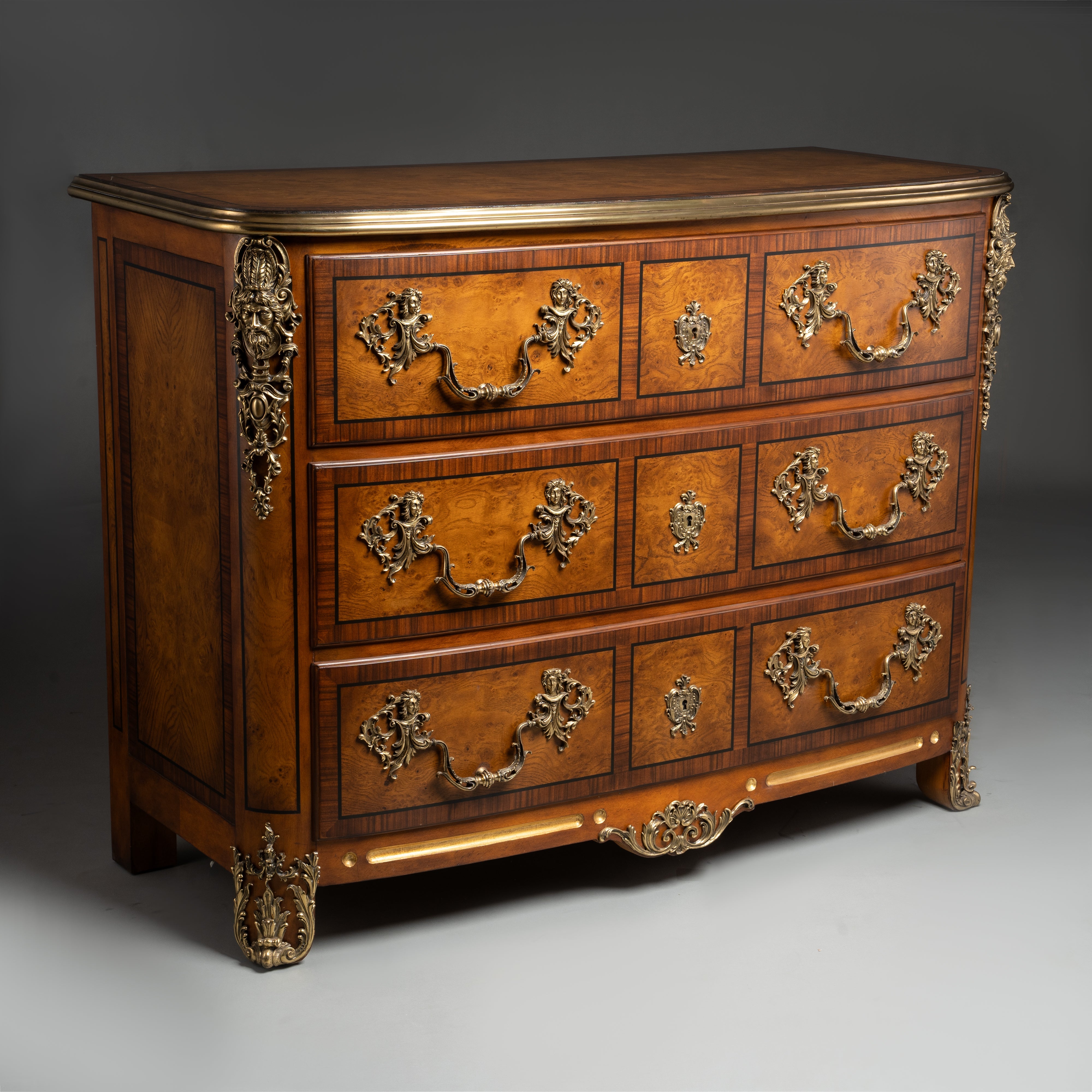 Baroque Style Chest of Drawers with Brass Ornaments and Burl Wood Veneer