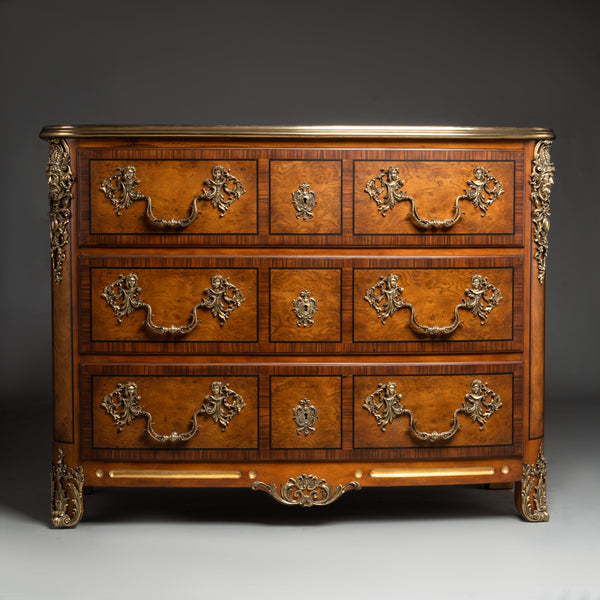 Baroque Style Chest of Drawers with Brass Ornaments and Burl Wood Veneer