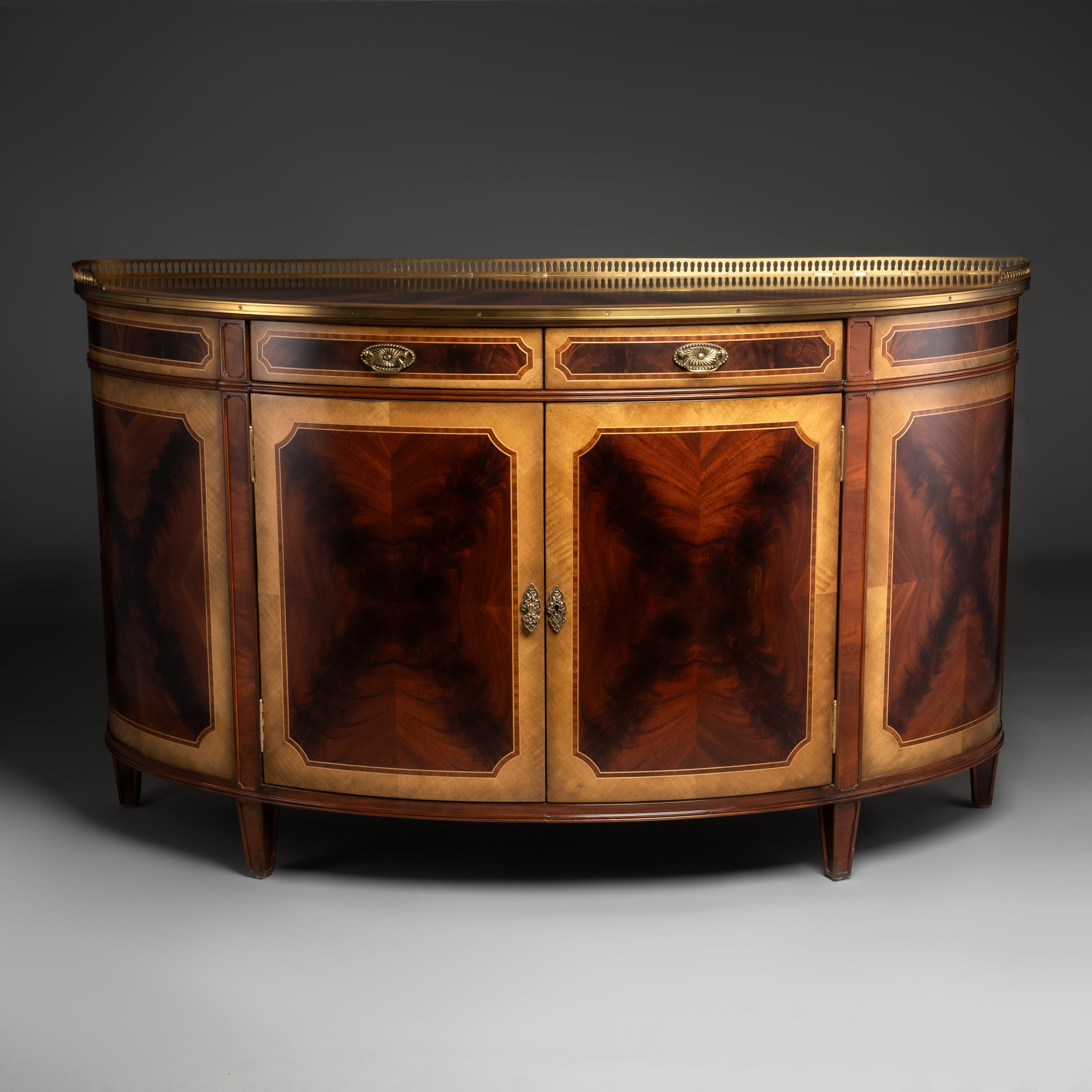 Neoclassical Demilune Sideboard with Brass Gallery and Mahogany Veneer