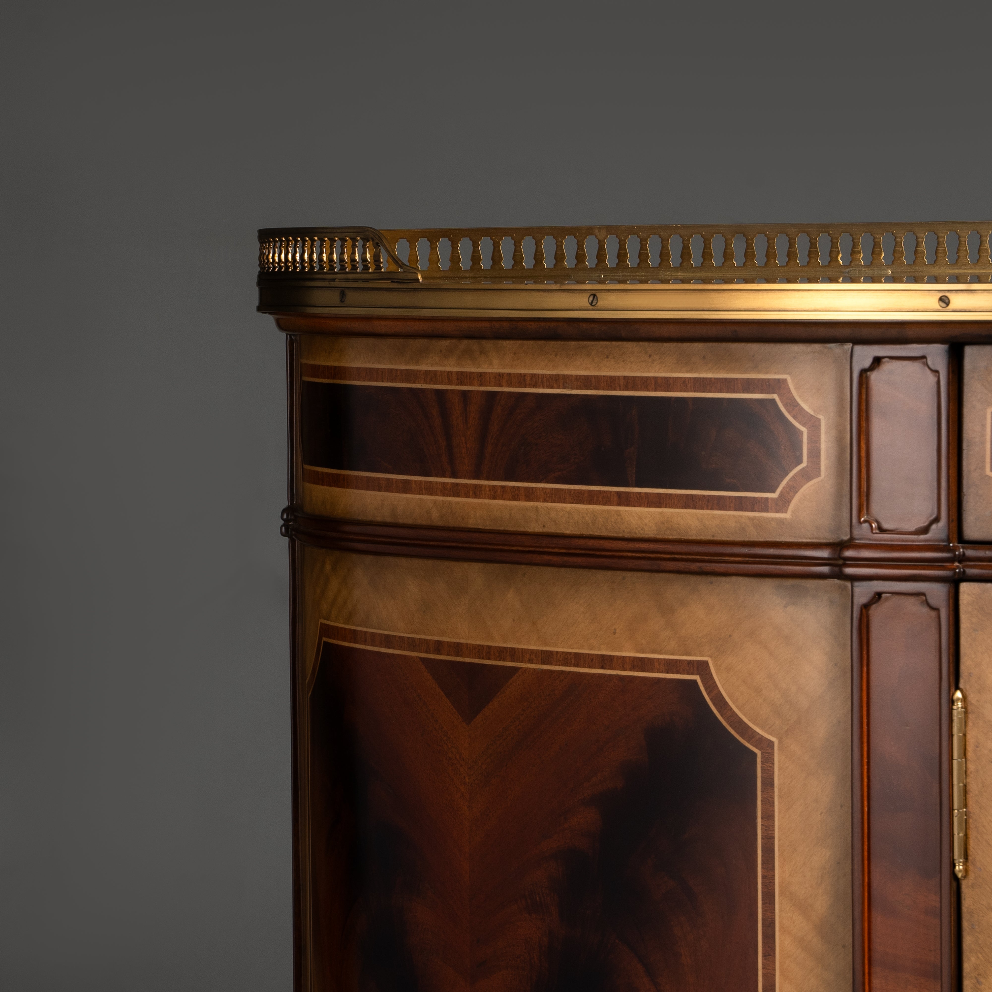 Neoclassical Demilune Sideboard with Brass Gallery and Mahogany Veneer