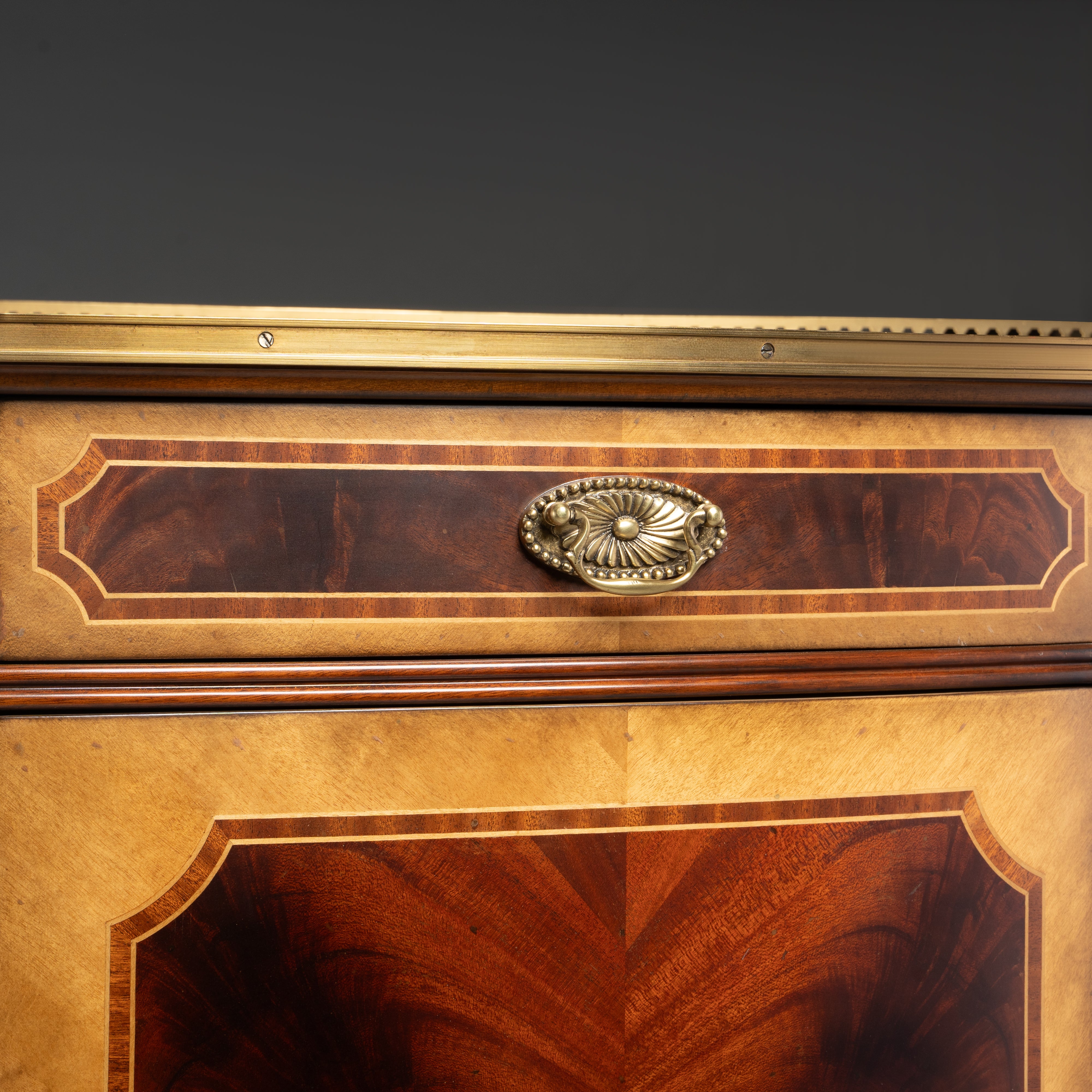 Neoclassical Demilune Sideboard with Brass Gallery and Mahogany Veneer