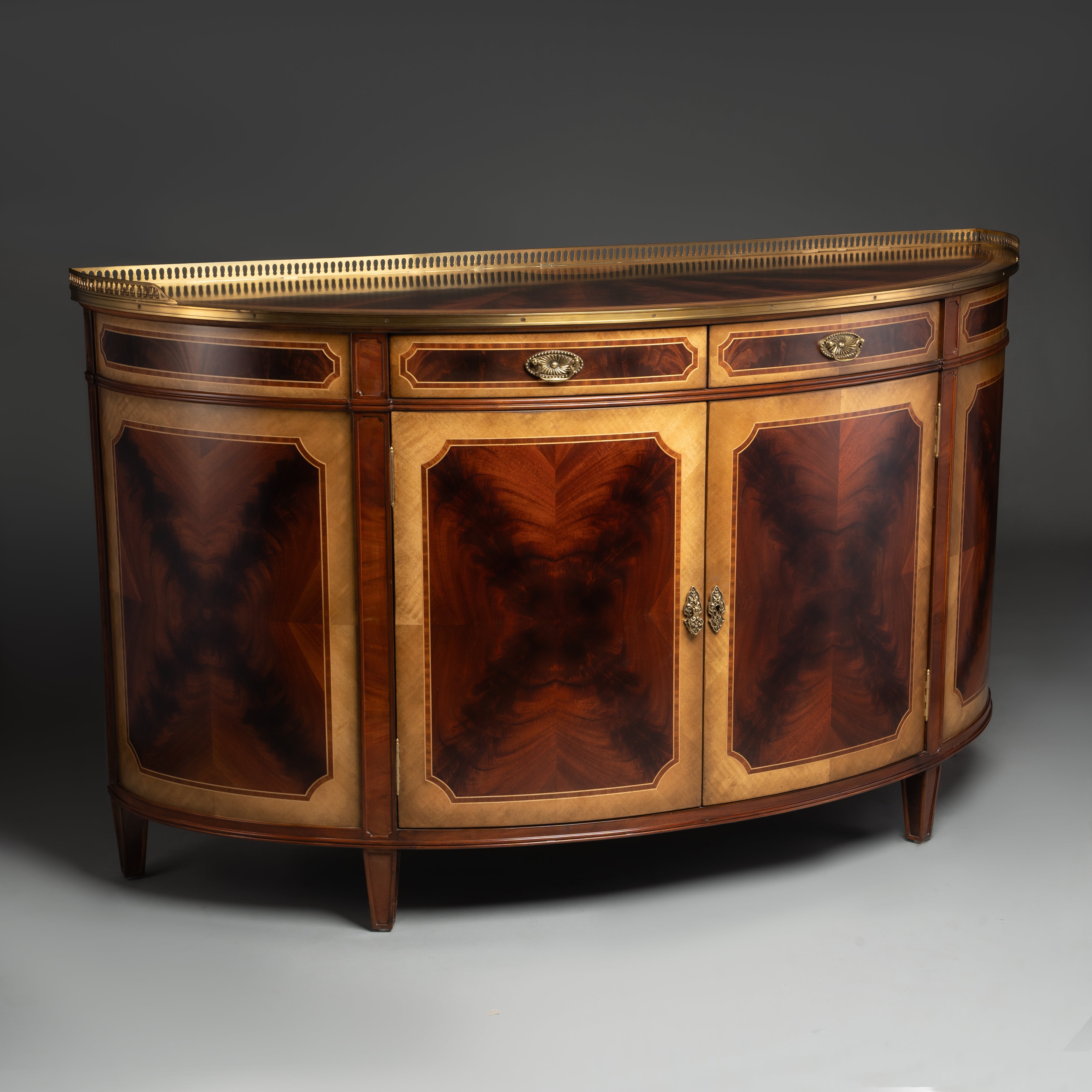 Neoclassical Demilune Sideboard with Brass Gallery and Mahogany Veneer