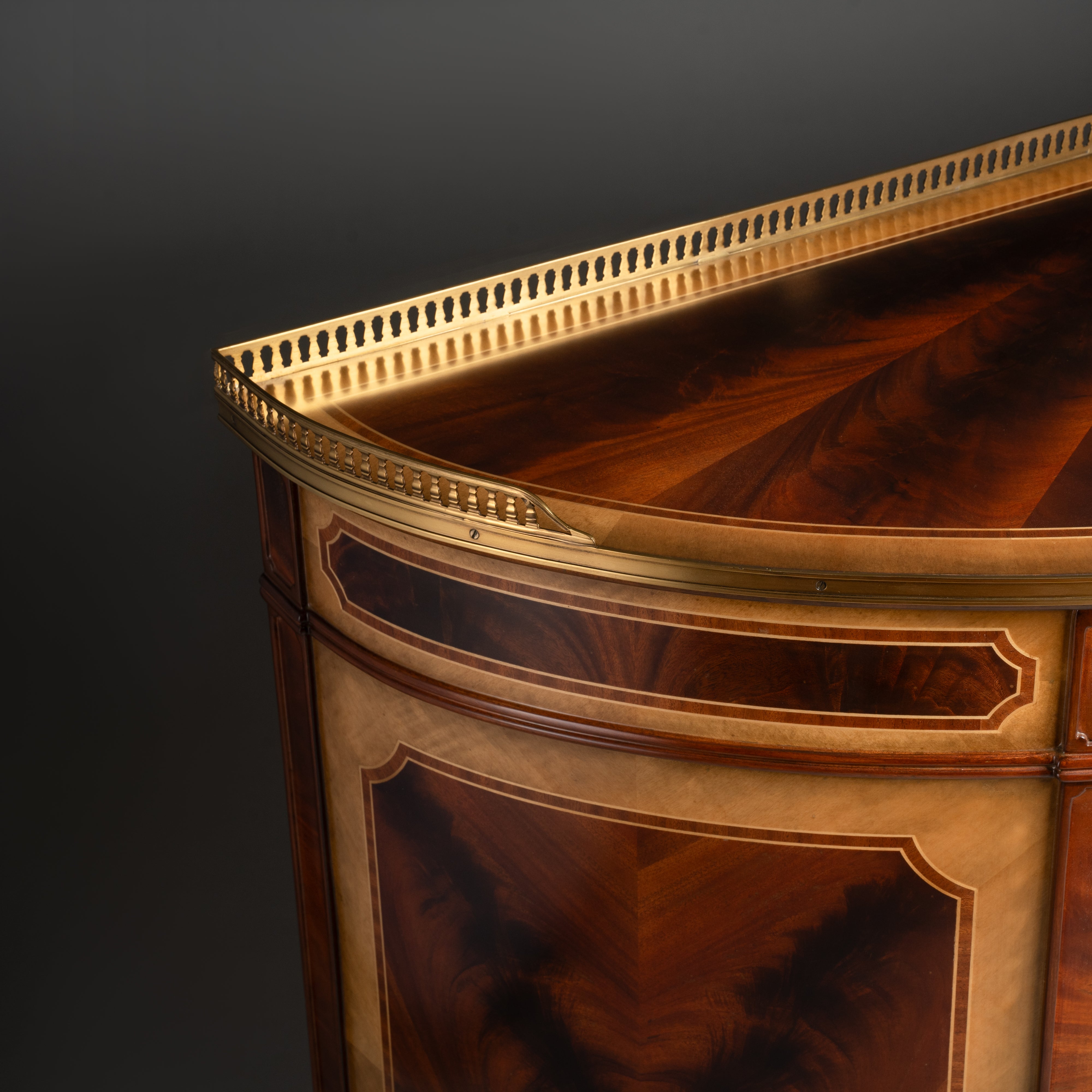 Neoclassical Demilune Sideboard with Brass Gallery and Mahogany Veneer