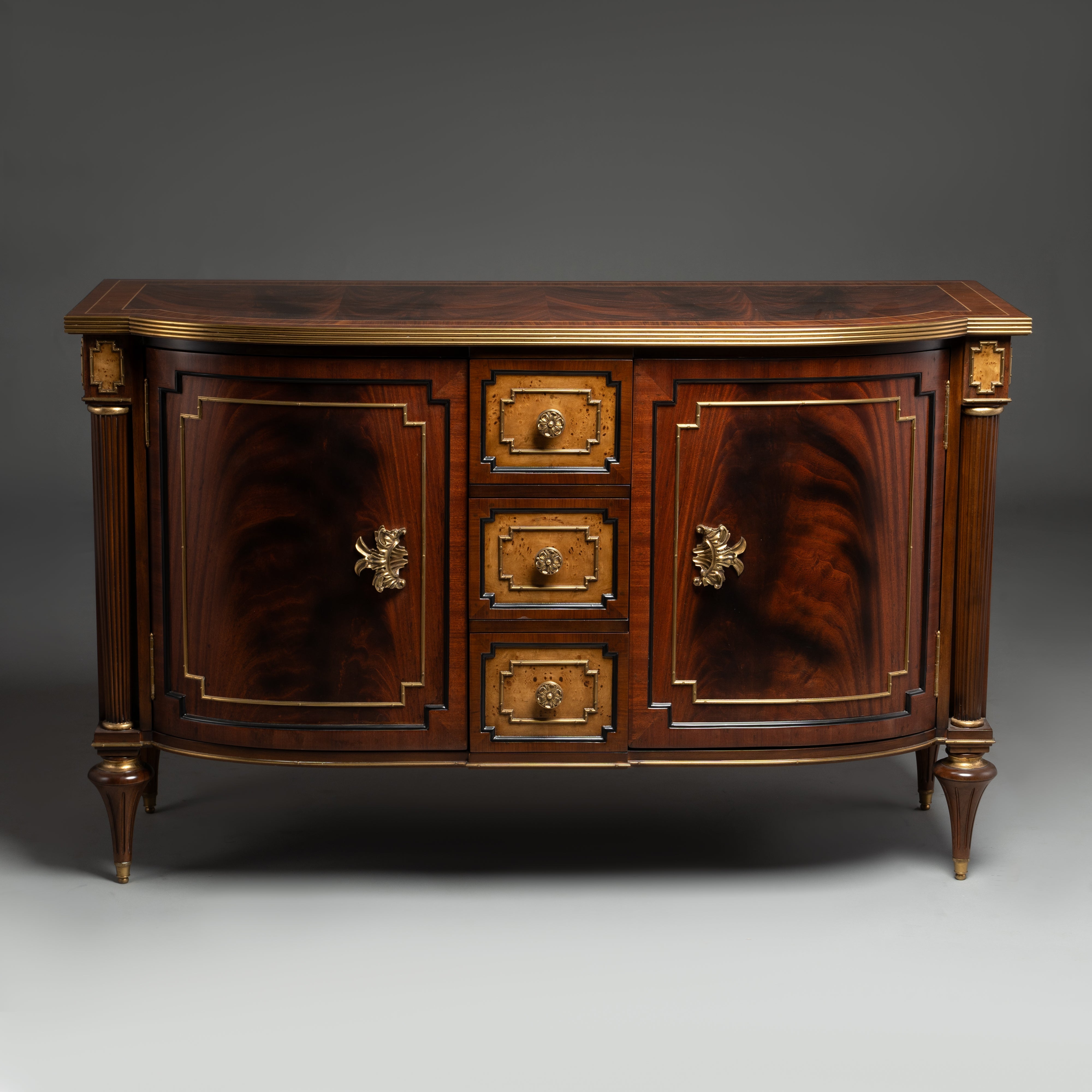 Neoclassical Mahogany Cabinet with Brass Accents and Central Drawers