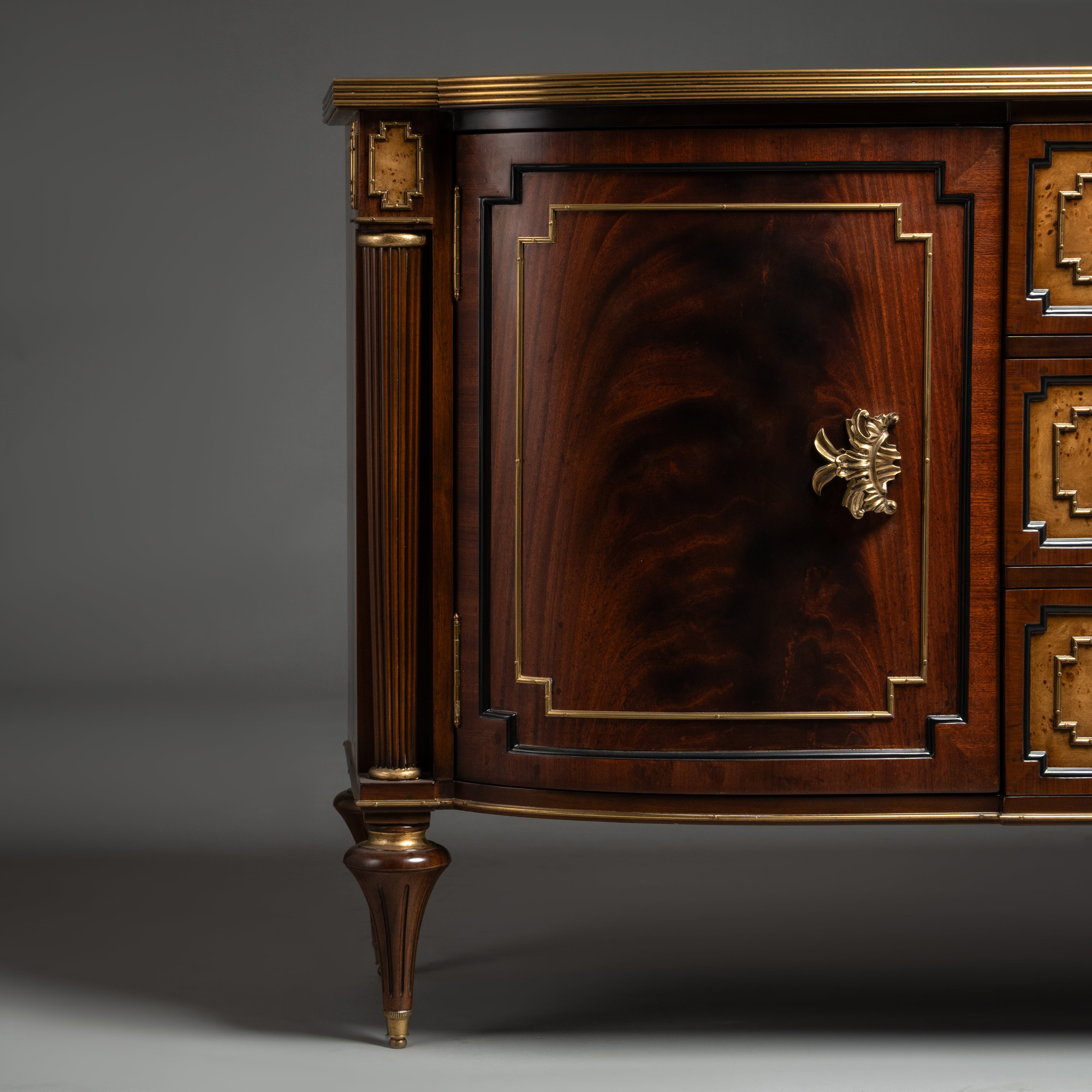 Neoclassical Mahogany Cabinet with Brass Accents and Central Drawers