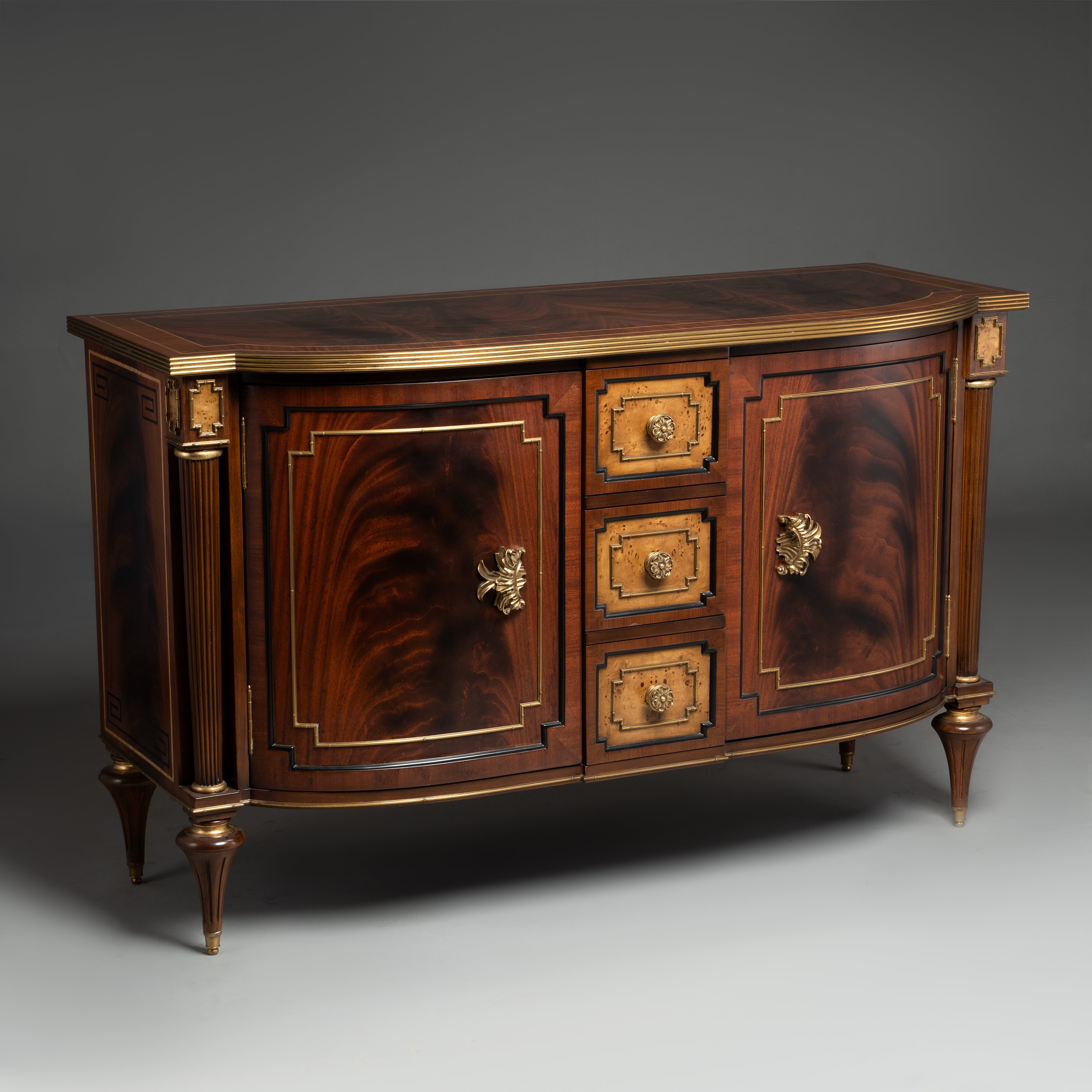 Neoclassical Mahogany Cabinet with Brass Accents and Central Drawers