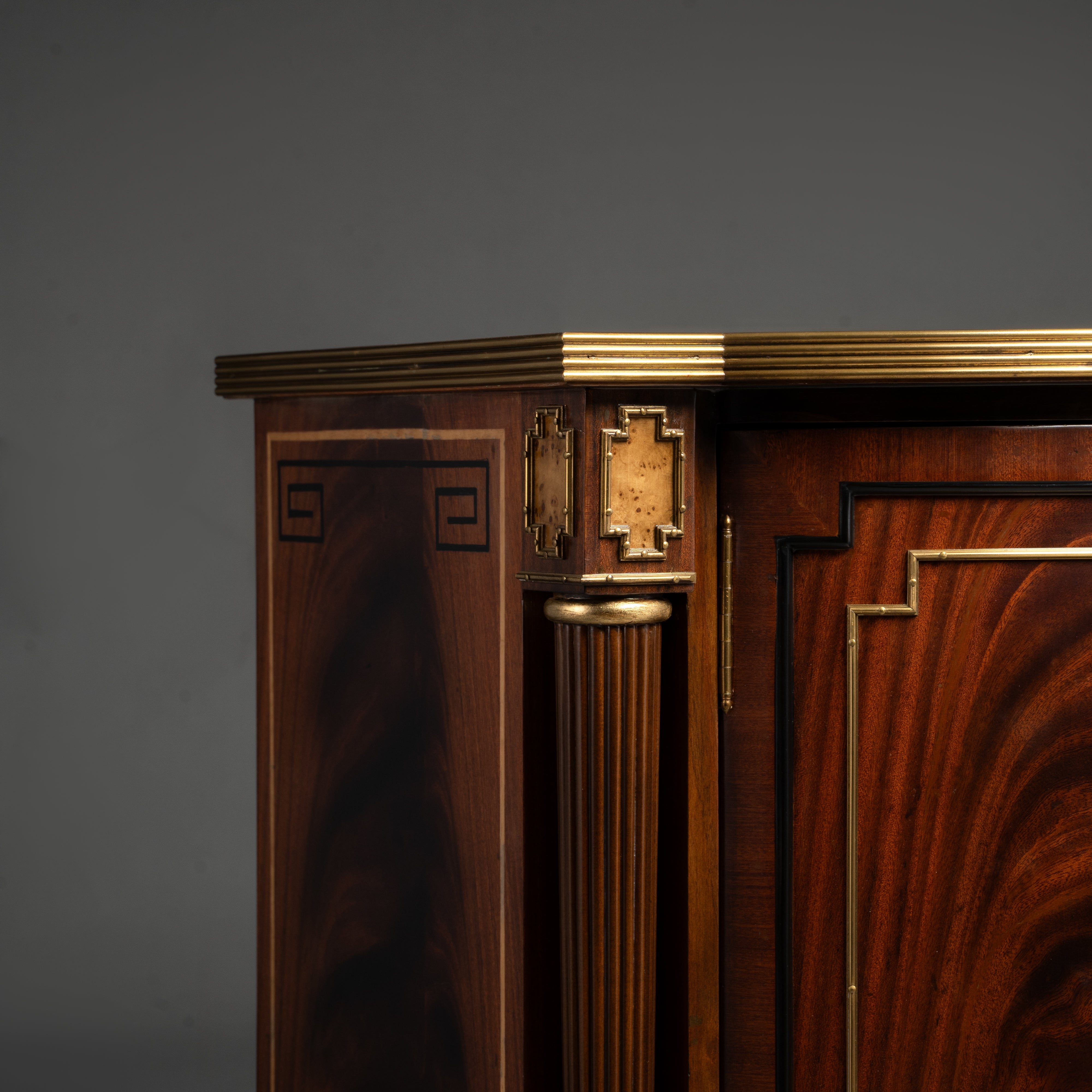 Neoclassical Mahogany Cabinet with Brass Accents and Central Drawers