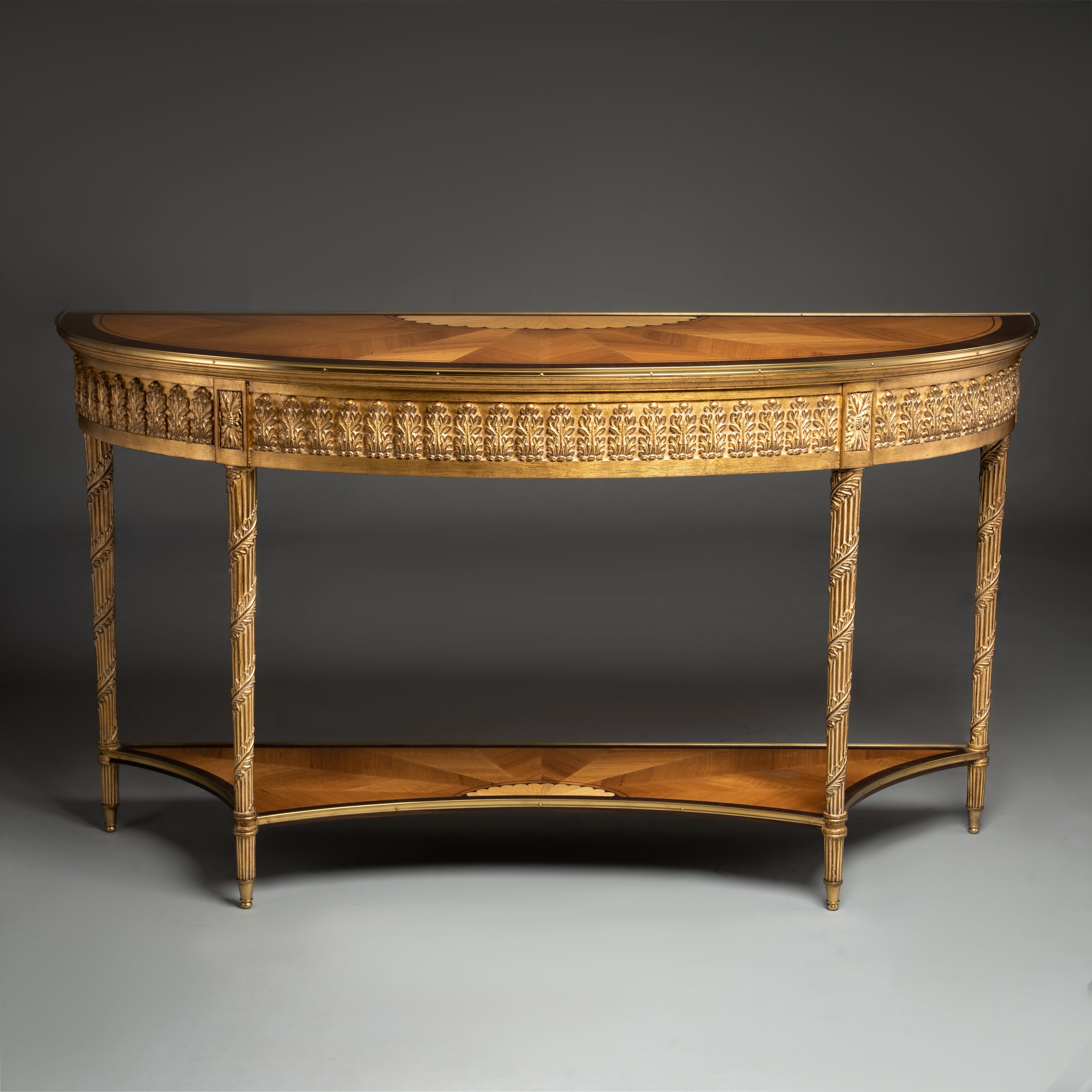 Louis XVI Style Demilune Console Table with Brass Leaf Carvings and Lower Shelf