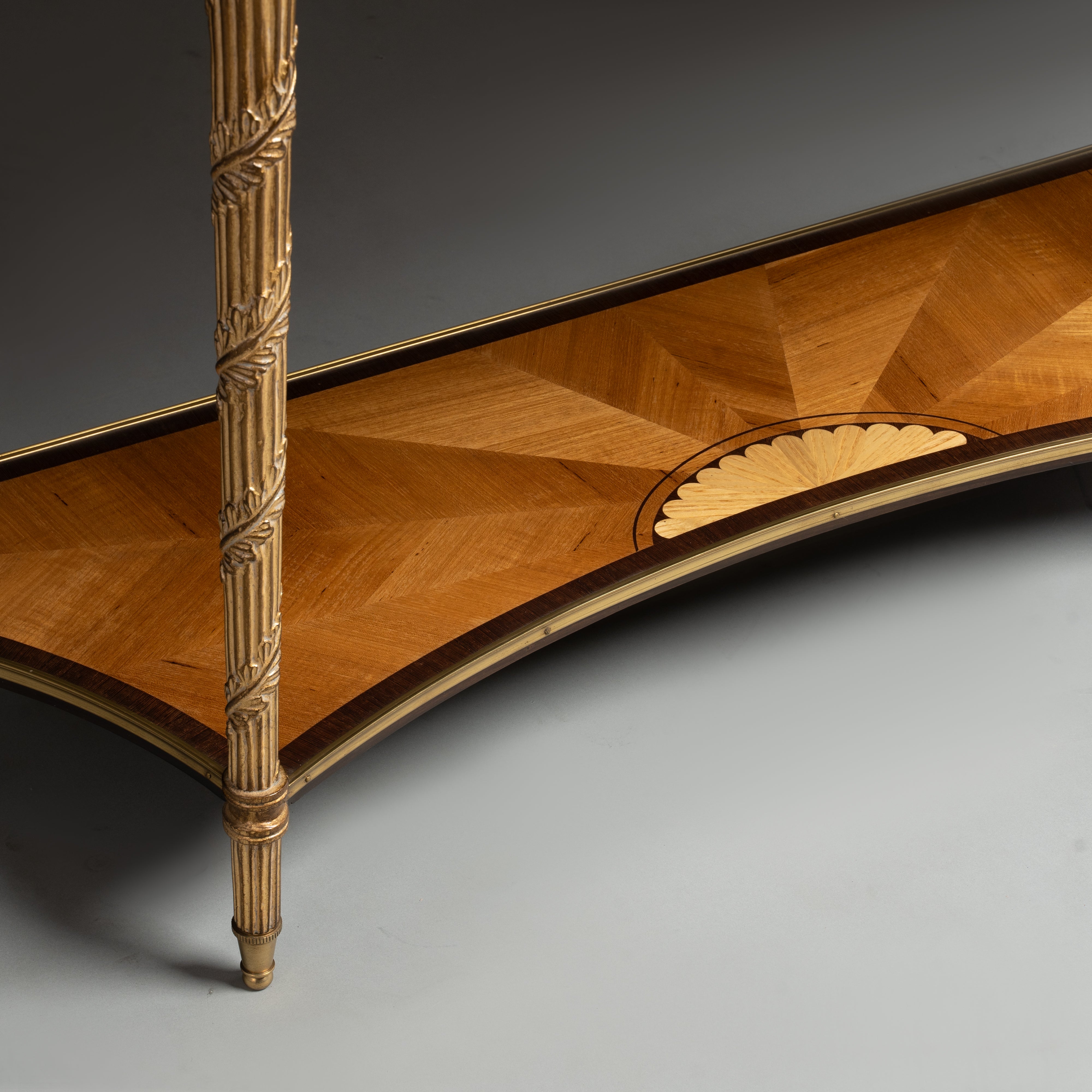 Louis XVI Style Demilune Console Table with Brass Leaf Carvings and Lower Shelf