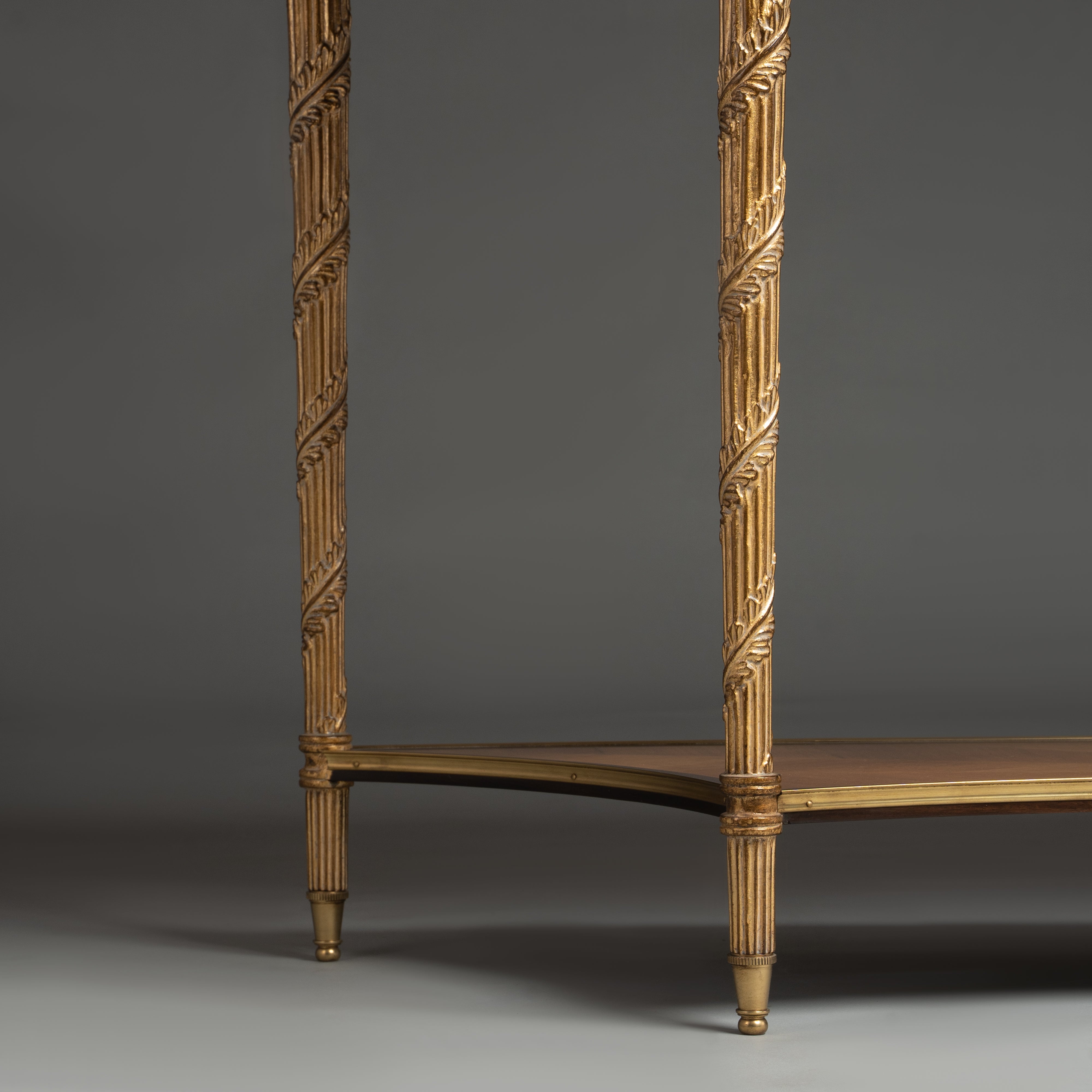Louis XVI Style Demilune Console Table with Brass Leaf Carvings and Lower Shelf