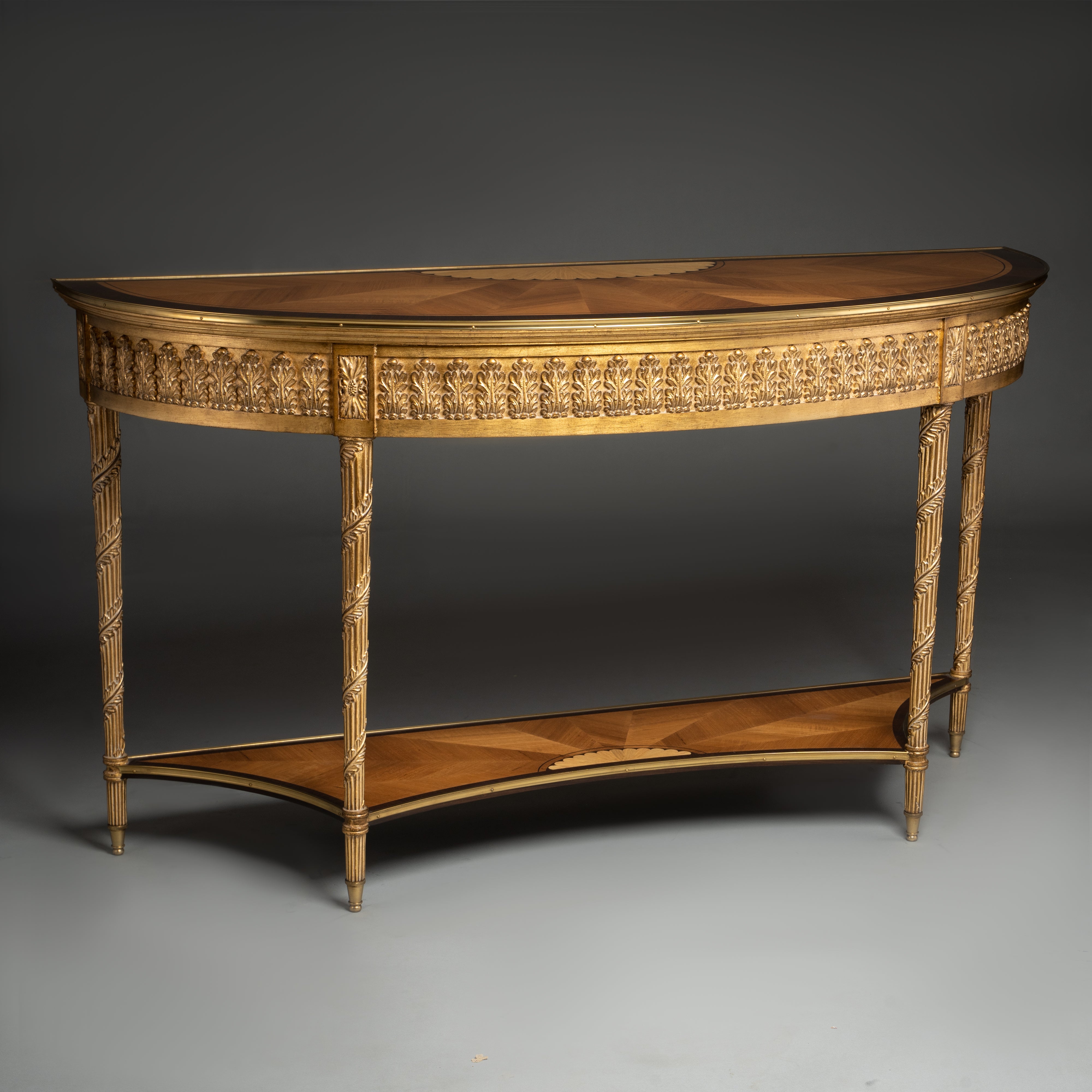 Louis XVI Style Demilune Console Table with Brass Leaf Carvings and Lower Shelf