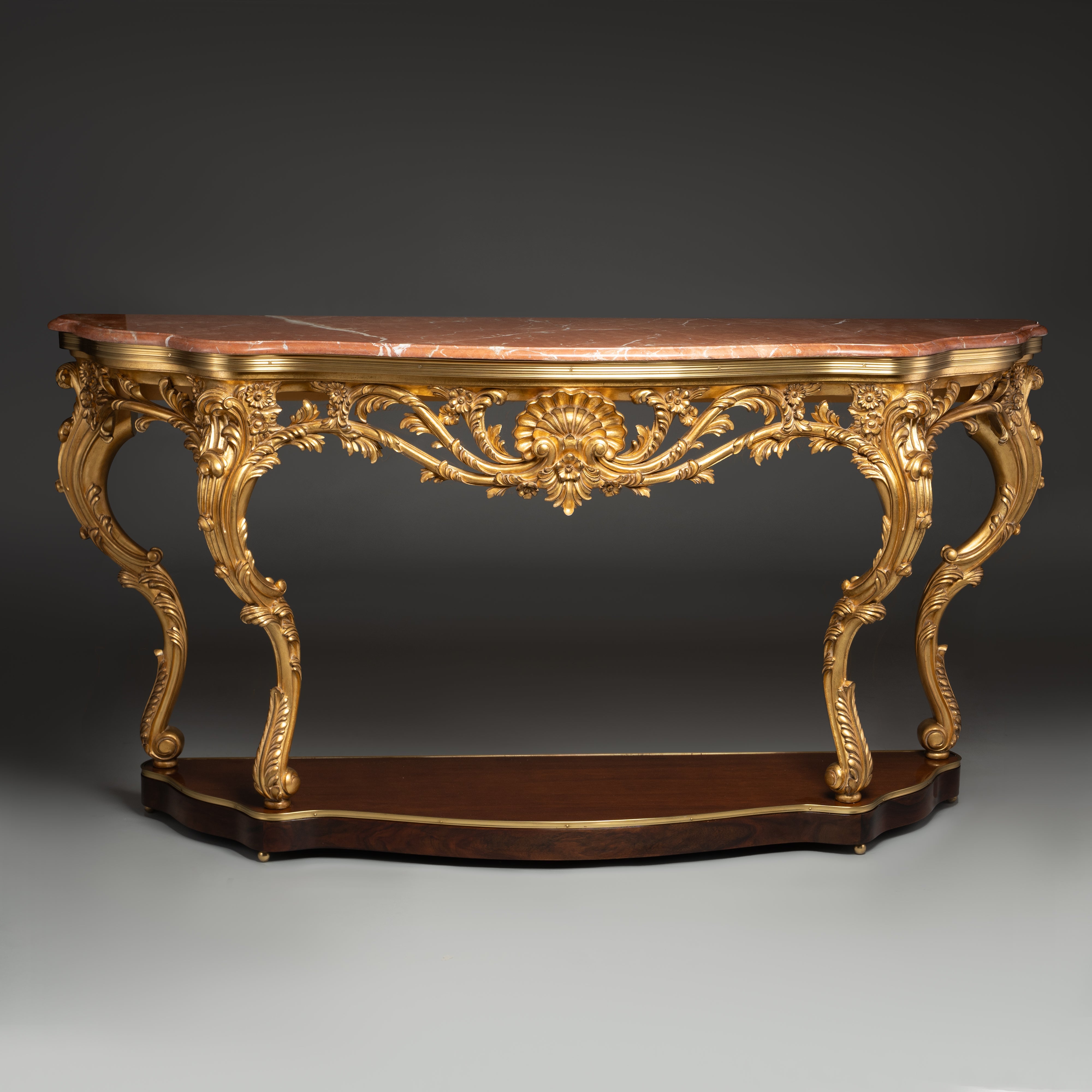 Elegant Rococo Style Console Table with Ornate Brass Details and Marble Top