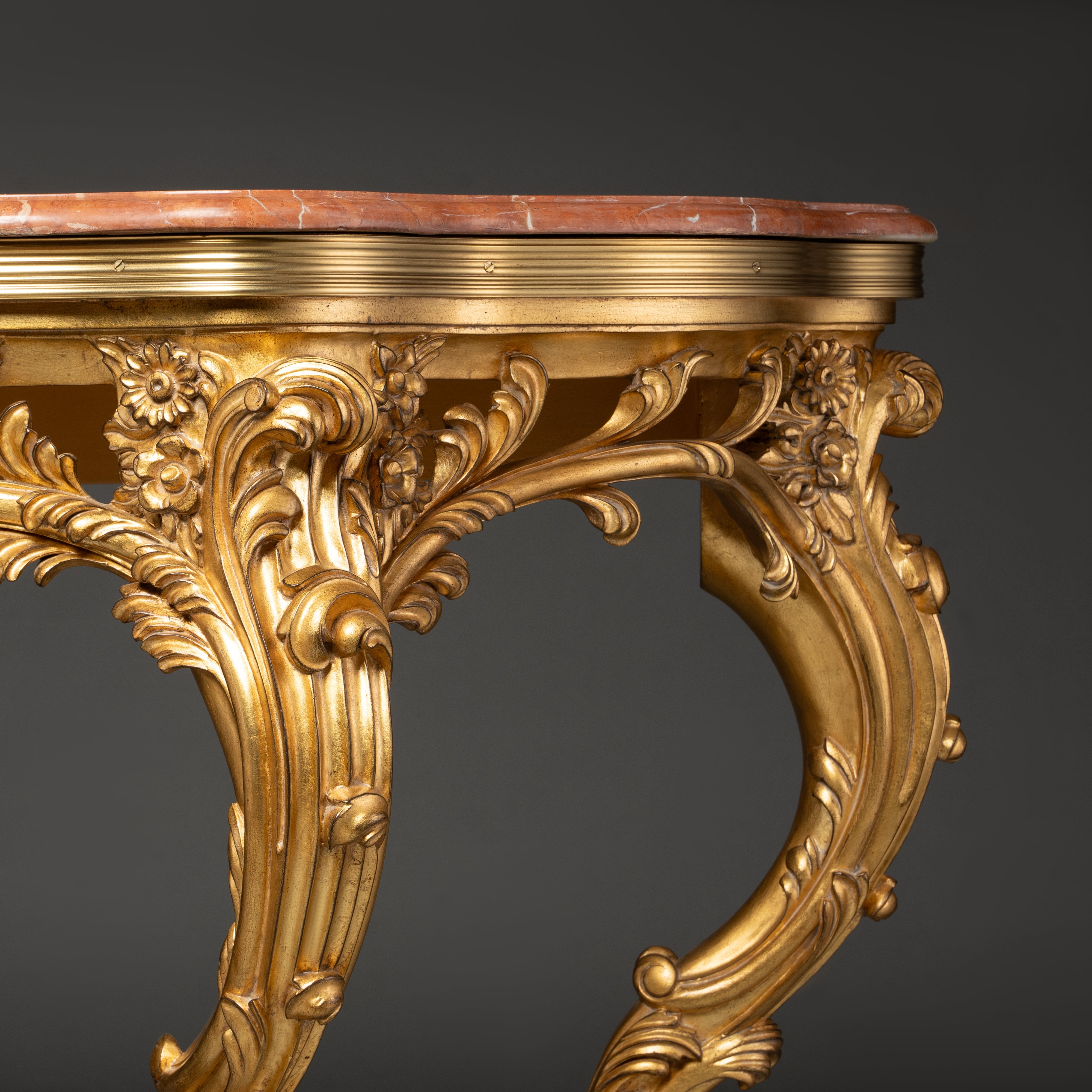Elegant Rococo Style Console Table with Ornate Brass Details and Marble Top
