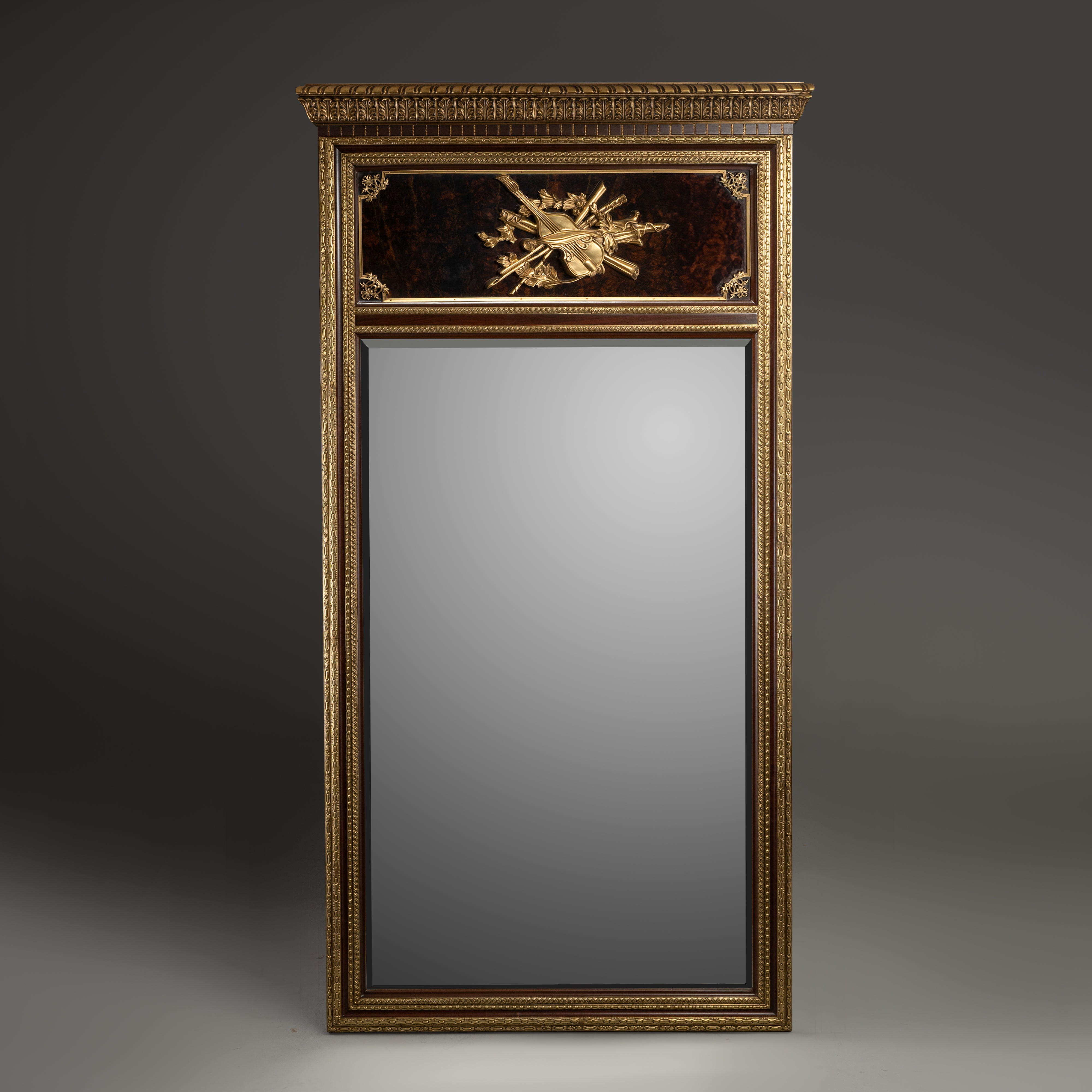 Neoclassical Rectangular Wall Mirror with Gilt Frame and Embellished Crest