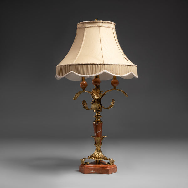 Ornate Table Lamp with Gilded Bronze,  Marble Base, and Pleated Ivory Shade