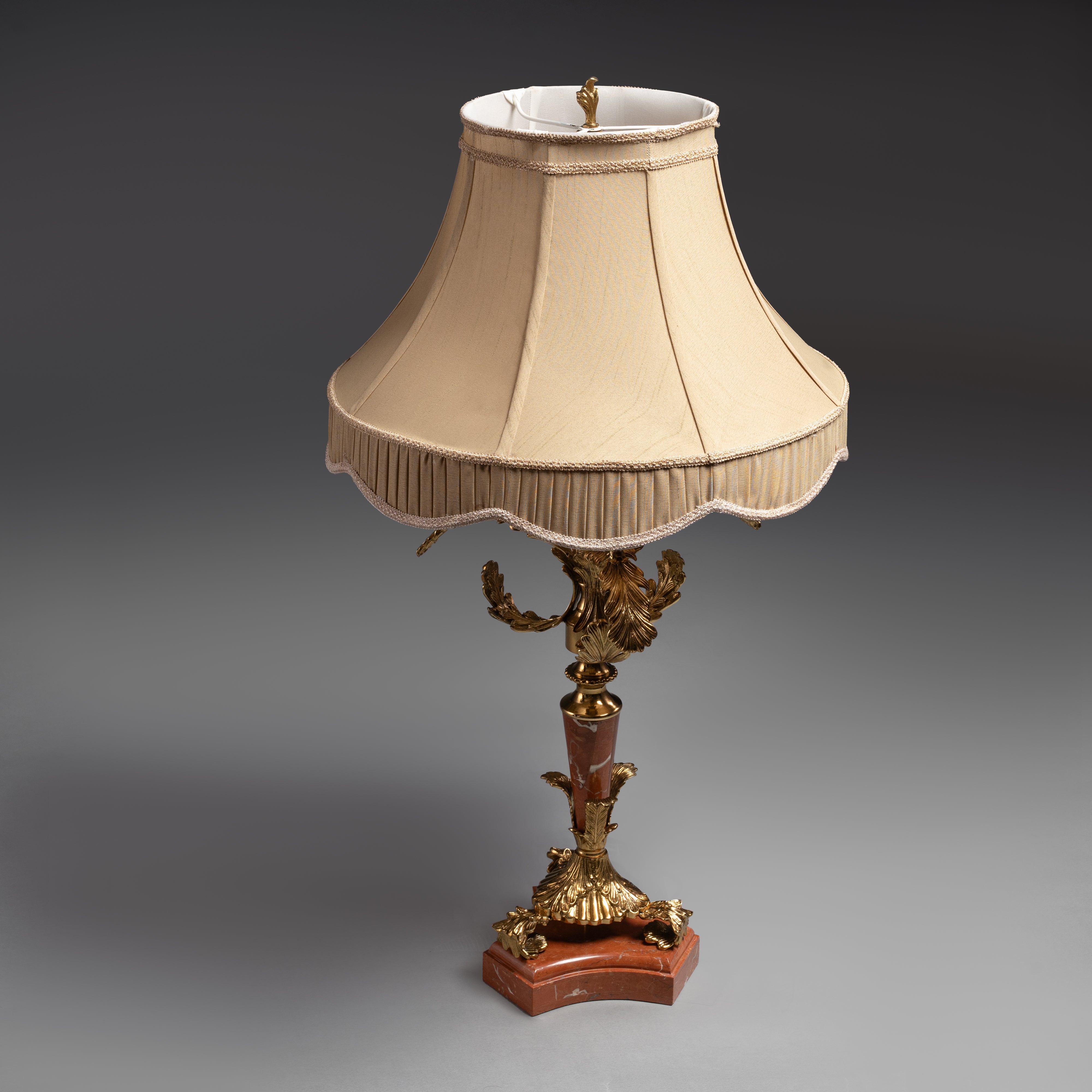 Ornate Table Lamp with Gilded Bronze,  Marble Base, and Pleated Ivory Shade