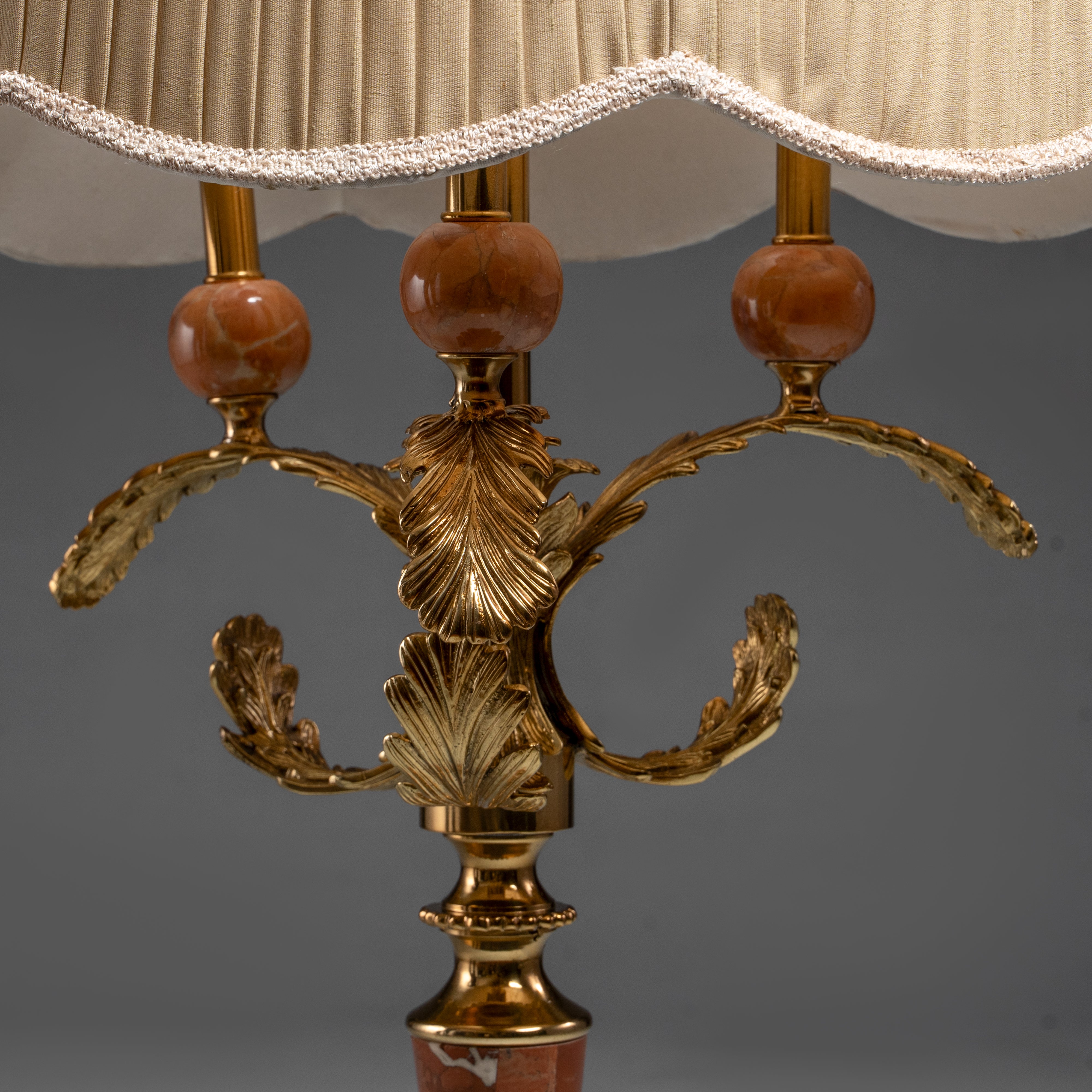 Ornate Table Lamp with Gilded Bronze,  Marble Base, and Pleated Ivory Shade