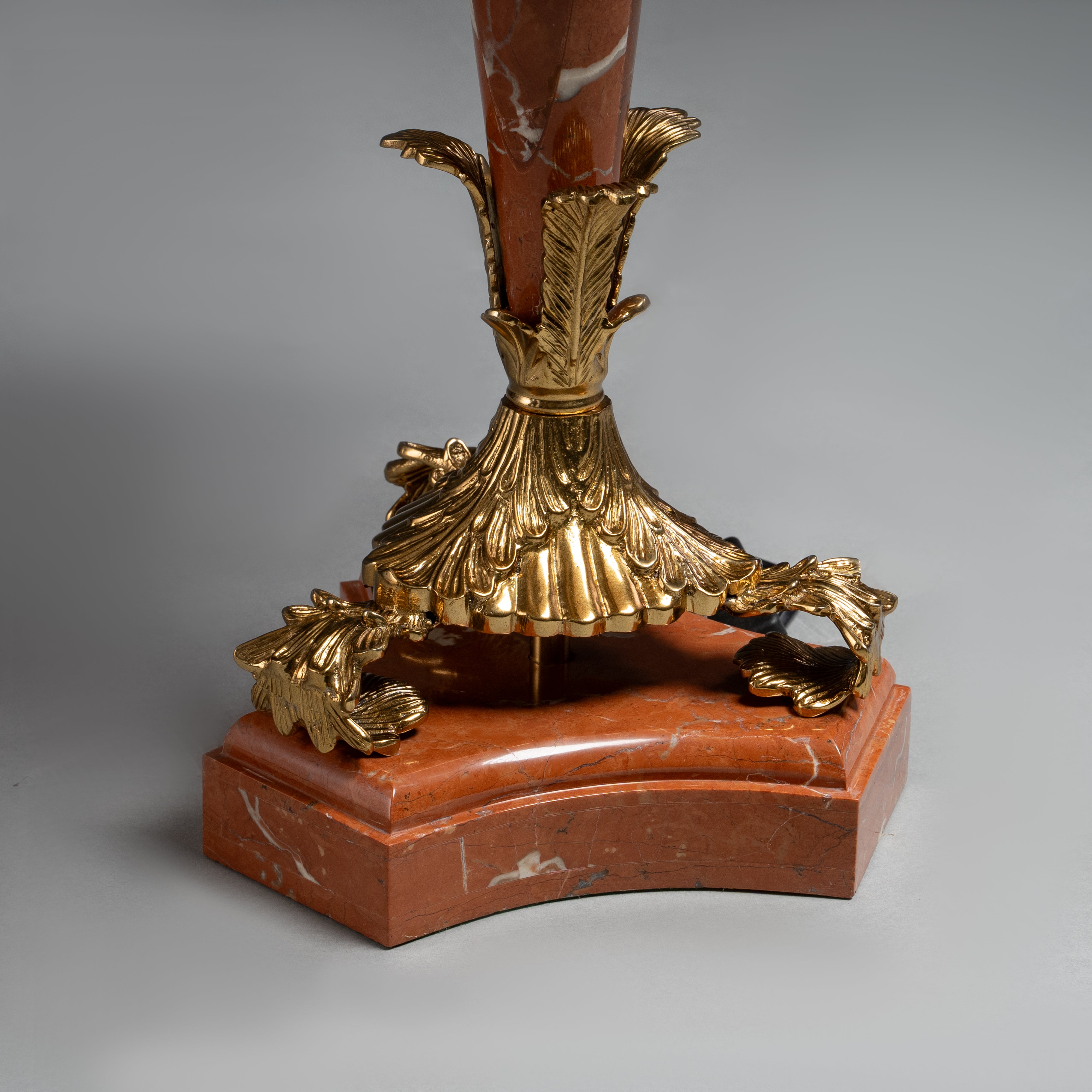 Ornate Table Lamp with Gilded Bronze,  Marble Base, and Pleated Ivory Shade