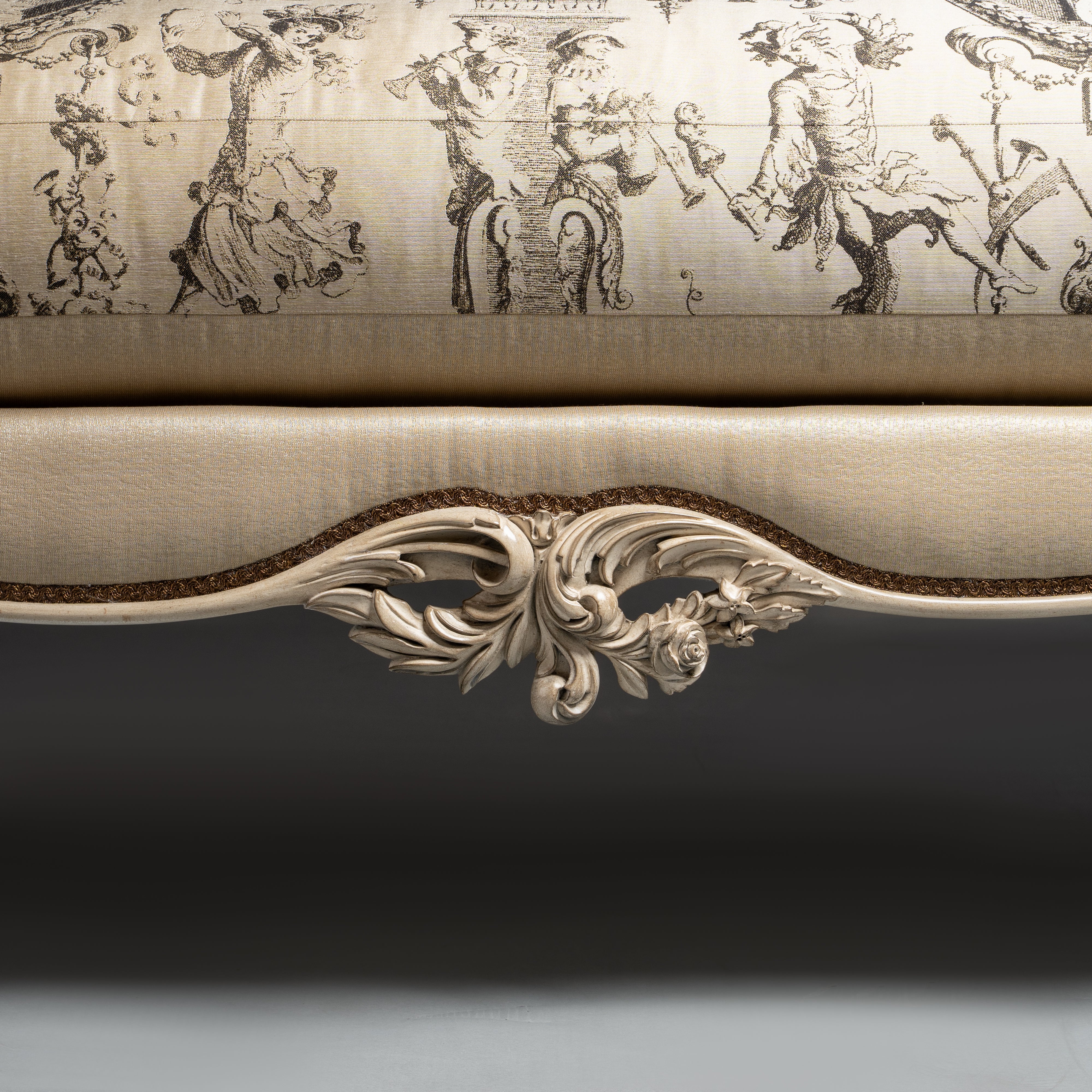 Louis XV-Style Sofa with Intricate Toile  Upholstery and Ornate Carved Detailing