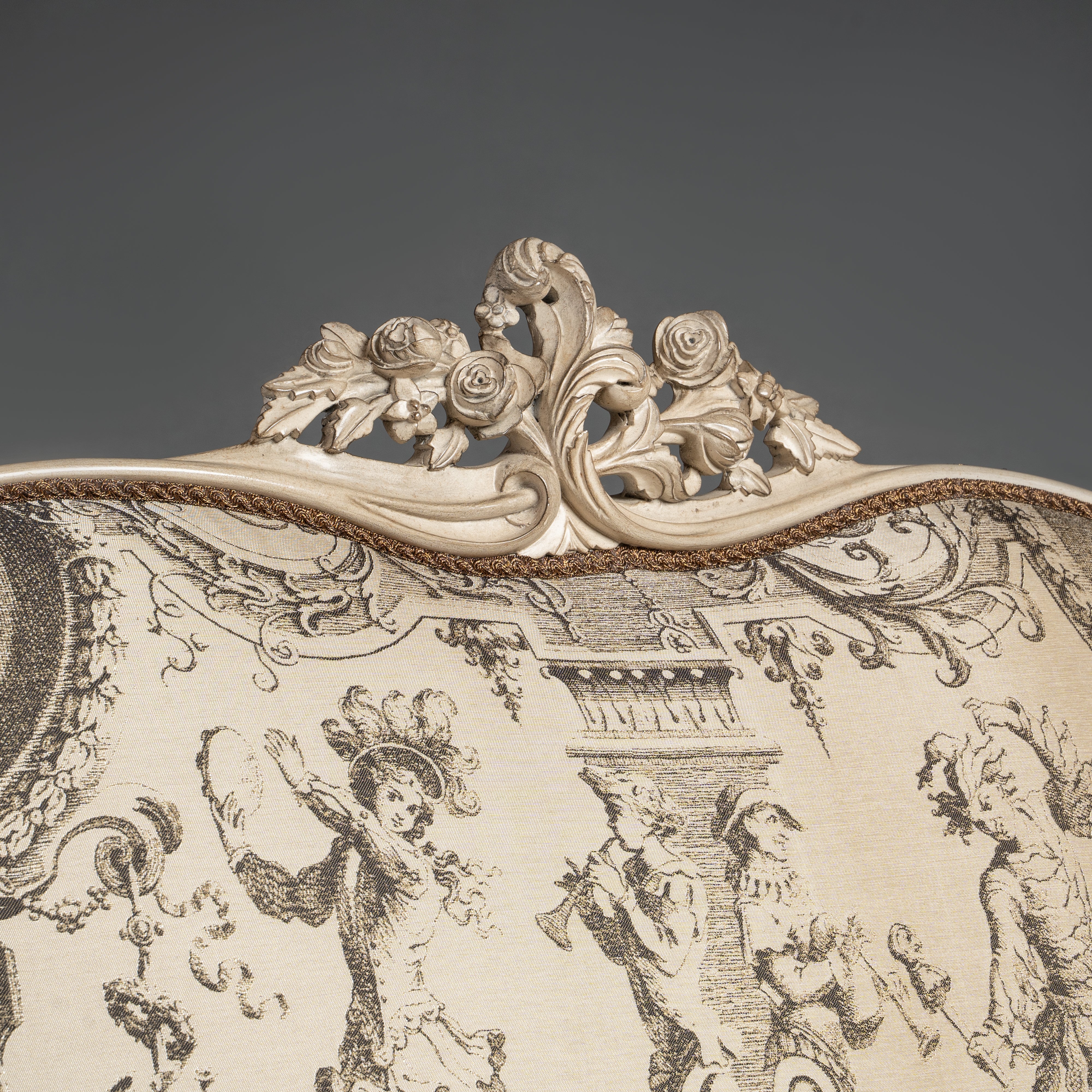 Louis XV-Style Sofa with Intricate Toile  Upholstery and Ornate Carved Detailing