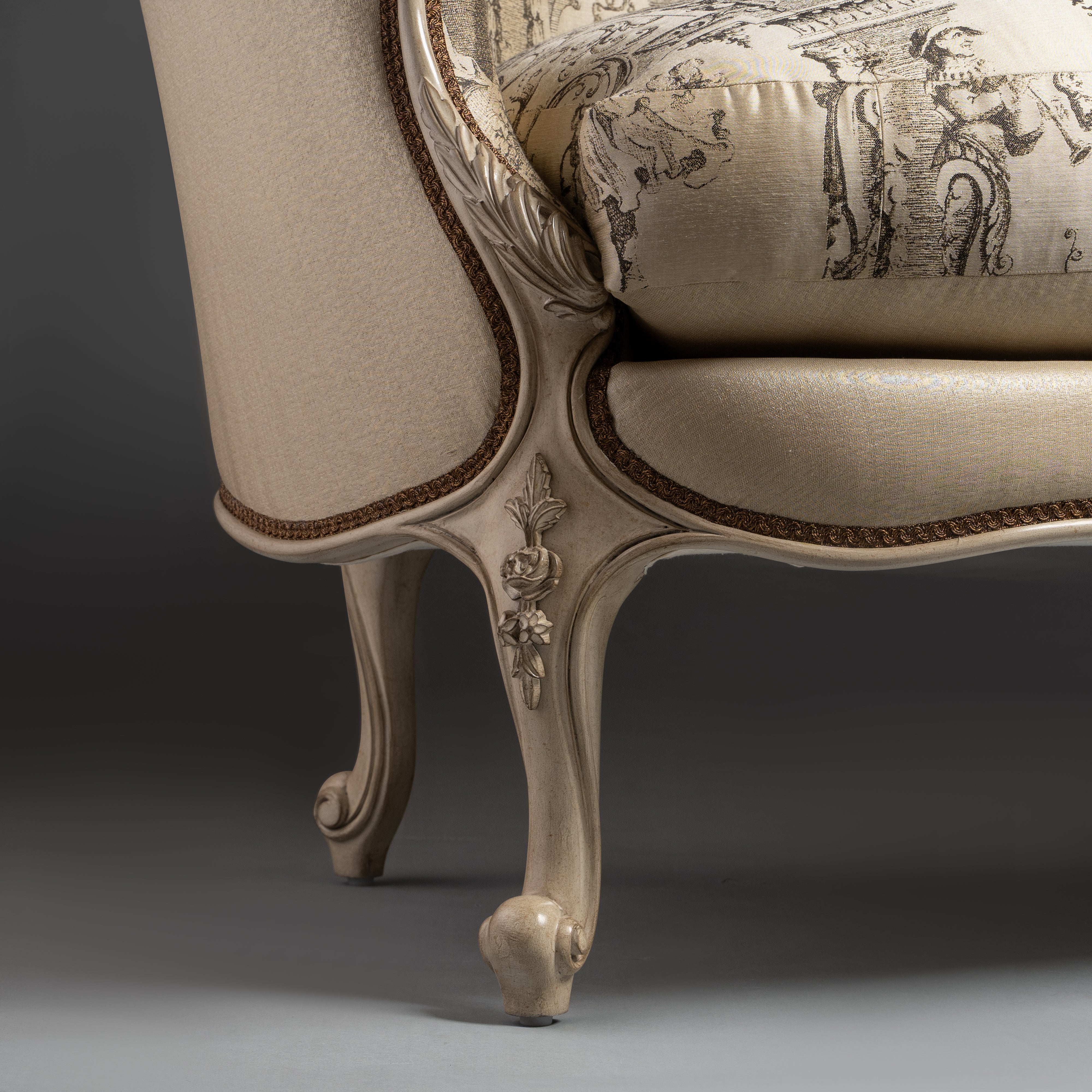 Louis XV-Style Sofa with Intricate Toile  Upholstery and Ornate Carved Detailing