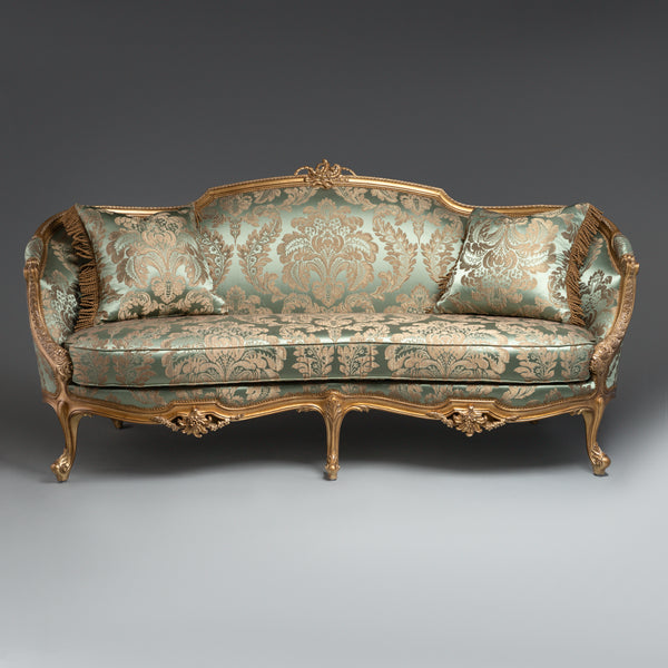 Louis XV-Style Sofa with Aqua and Gold  Brocade Upholstery and Ornate Gilded  Frame