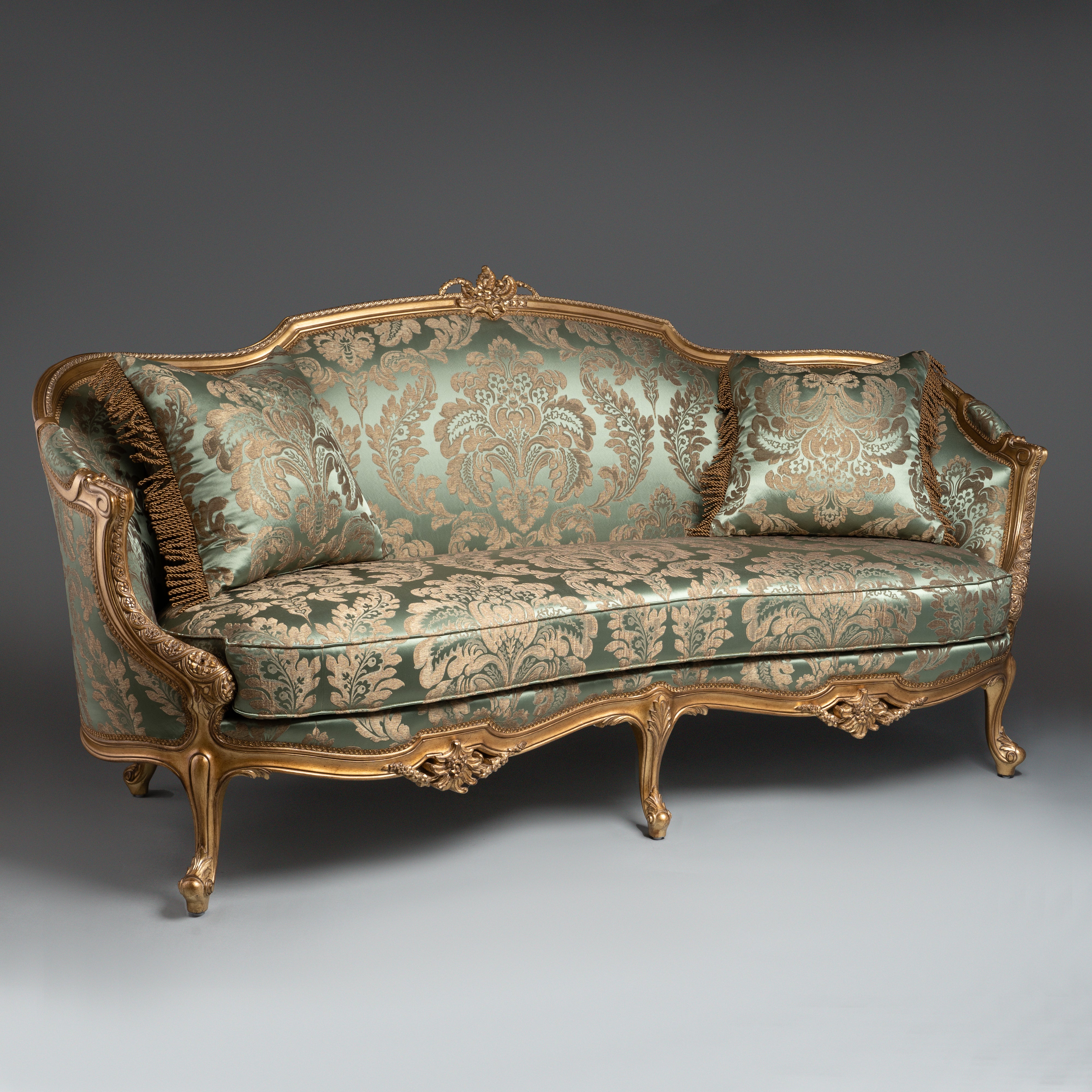 Louis XV-Style Sofa with Aqua and Gold  Brocade Upholstery and Ornate Gilded  Frame