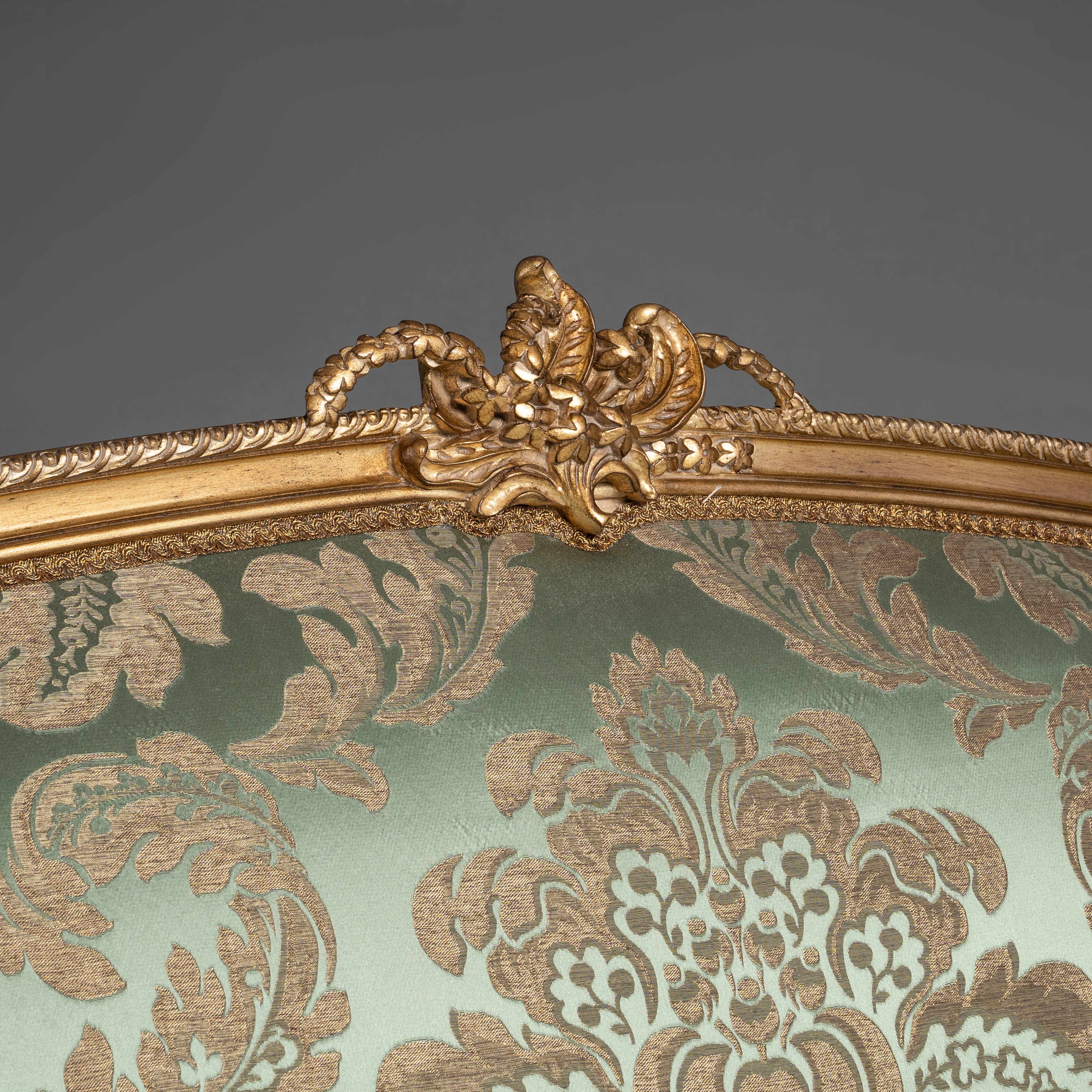 Louis XV-Style Sofa with Aqua and Gold  Brocade Upholstery and Ornate Gilded  Frame