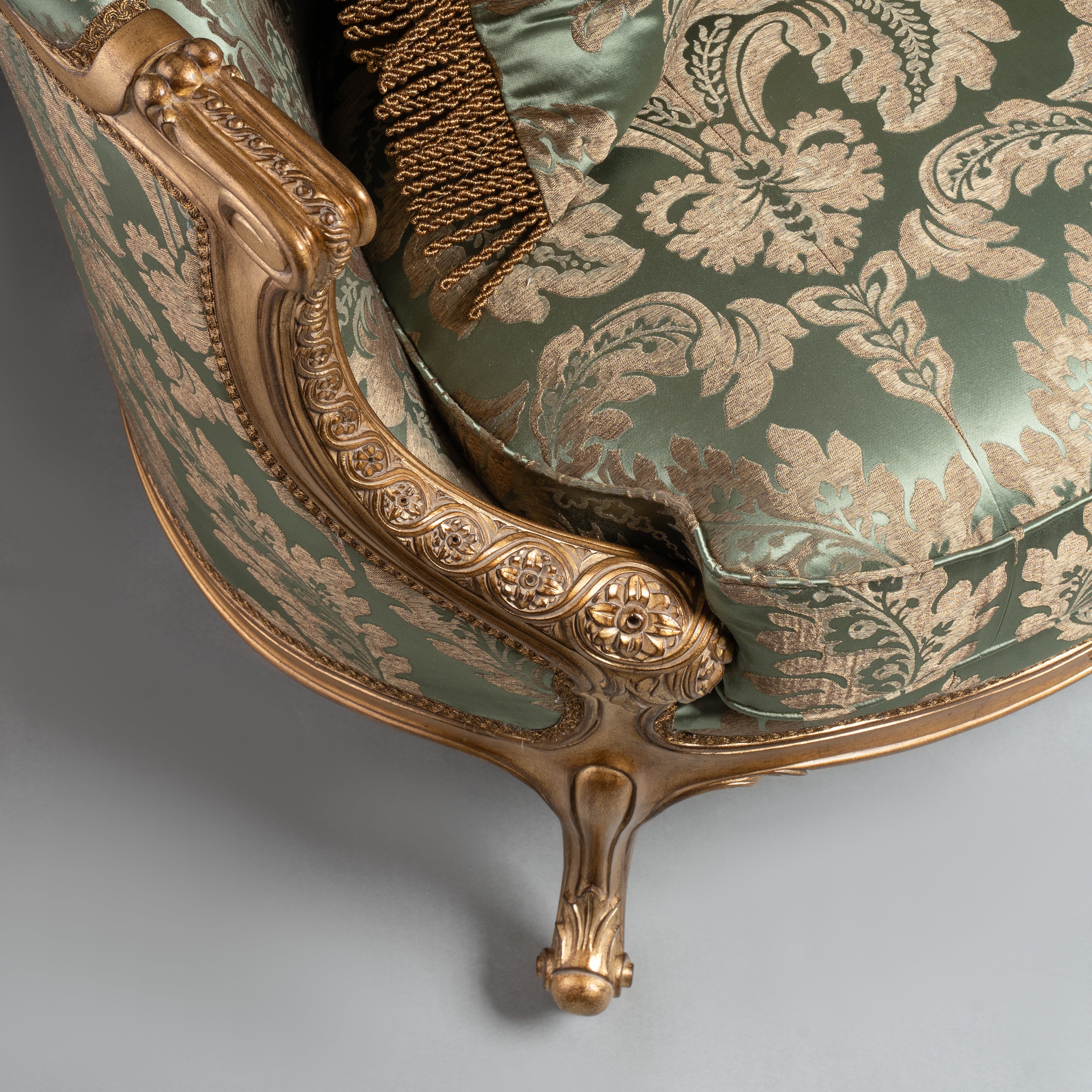 Louis XV-Style Sofa with Aqua and Gold  Brocade Upholstery and Ornate Gilded  Frame