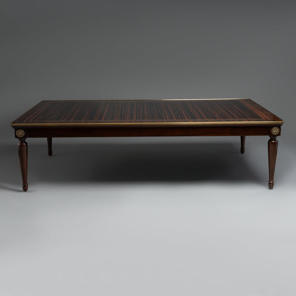 Elegant Coffee Table with Dark Wood Veneer,  Brass Inlay, and Tapered Legs
