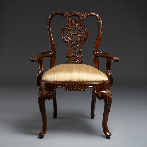 Louis XVI-Style Chippendale Carved  Mahogany Armchair with Gold Upholstered  Seat