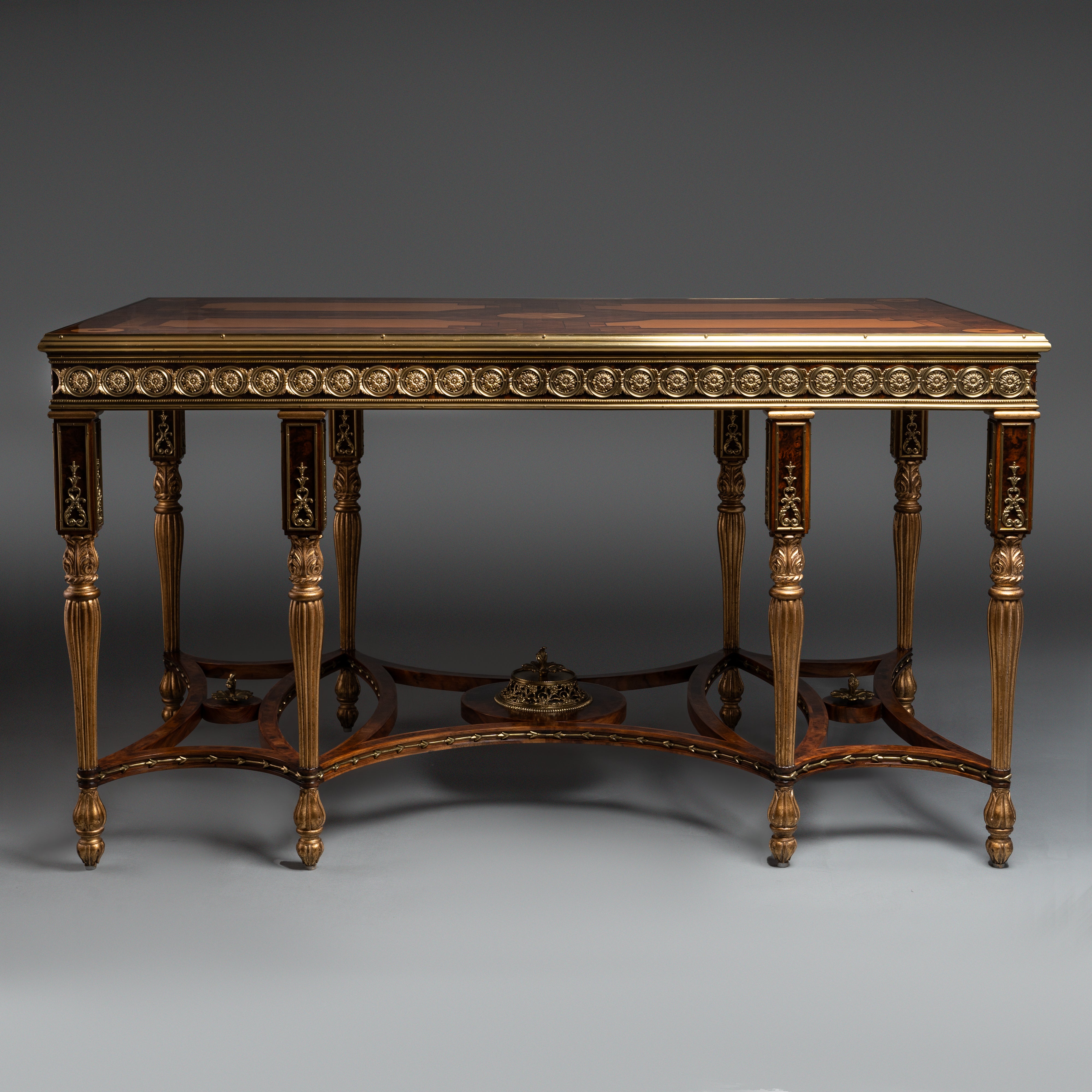 Neoclassical Marquetry Desk with Brass Accents and Inlay Details