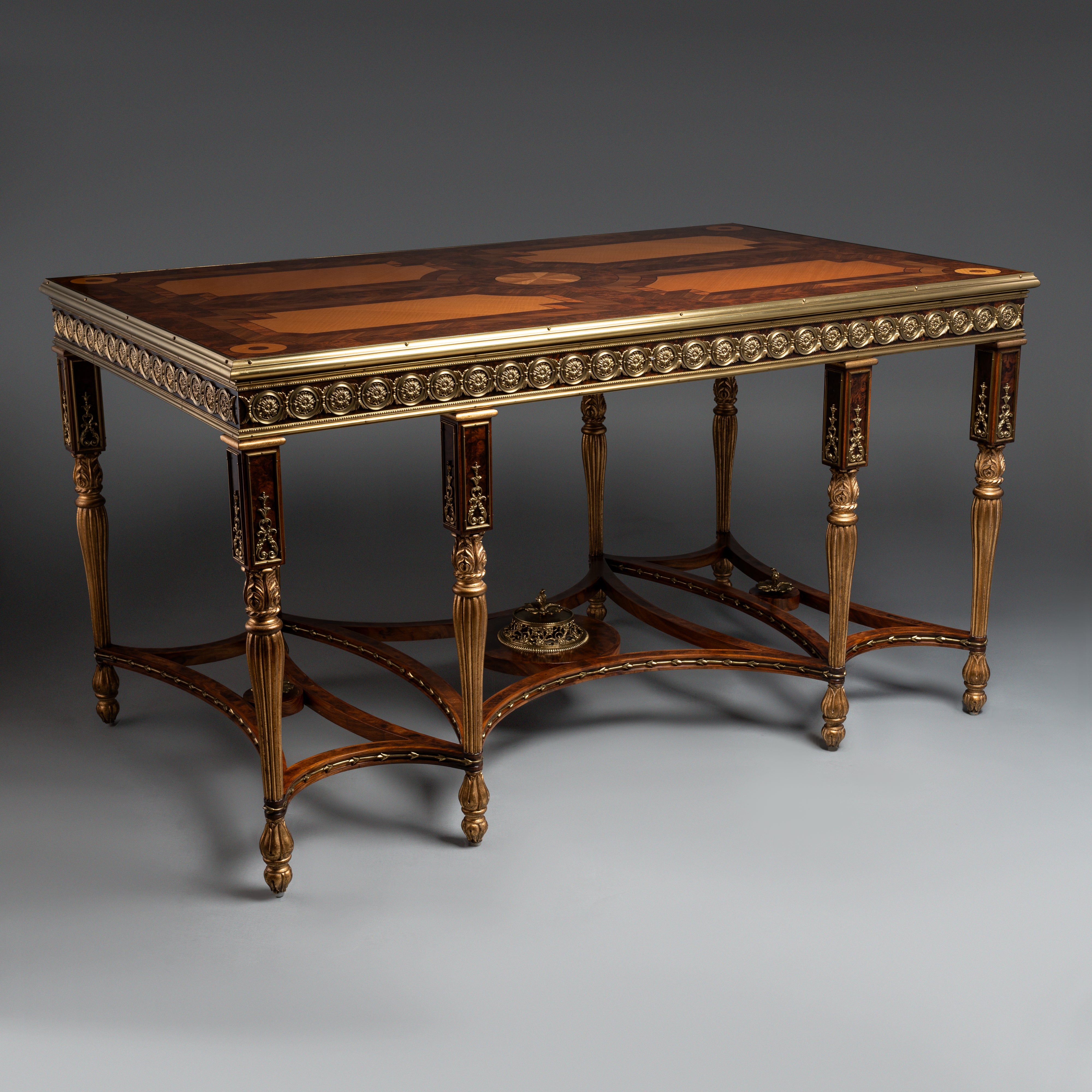 Neoclassical Marquetry Desk with Brass Accents and Inlay Details