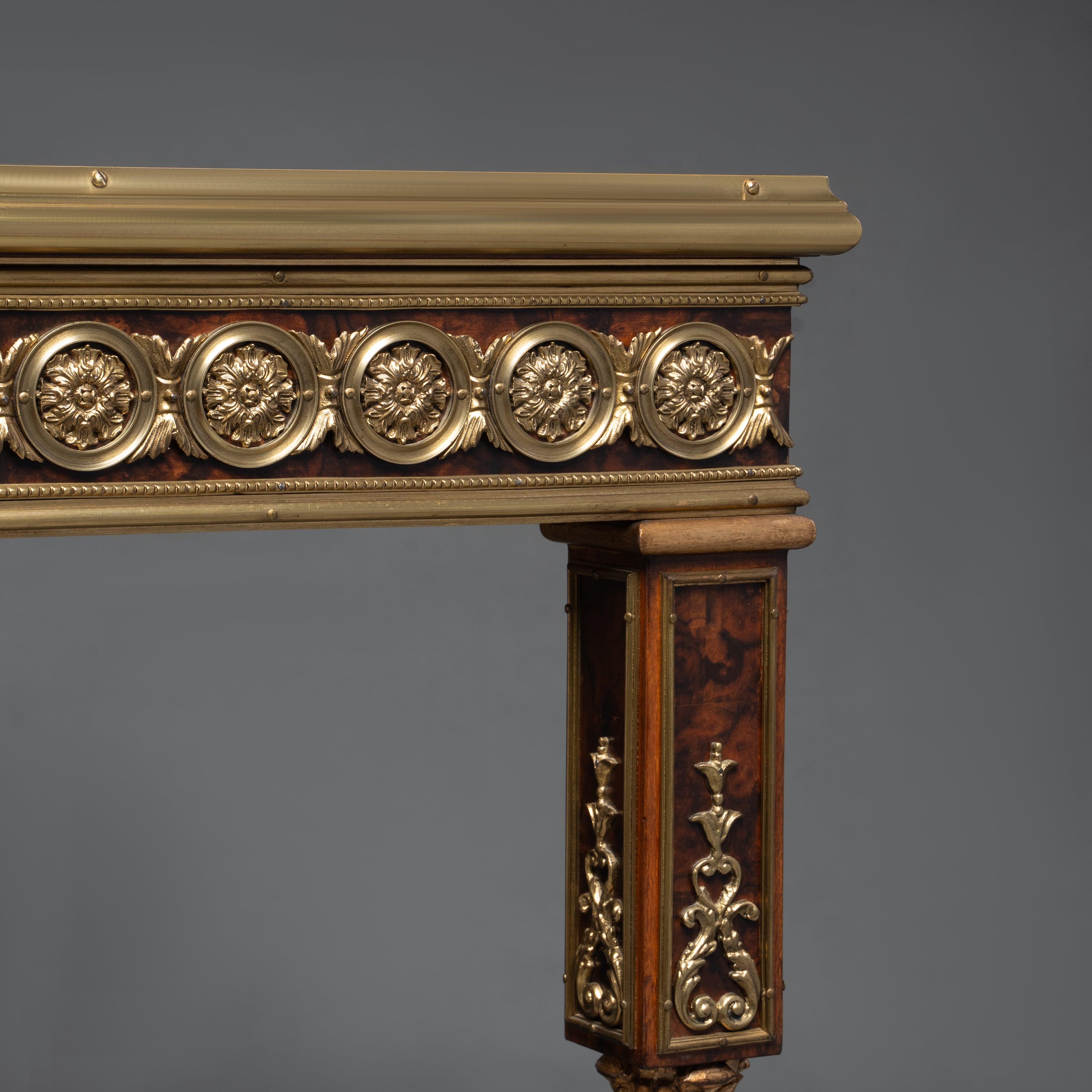 Neoclassical Marquetry Desk with Brass Accents and Inlay Details