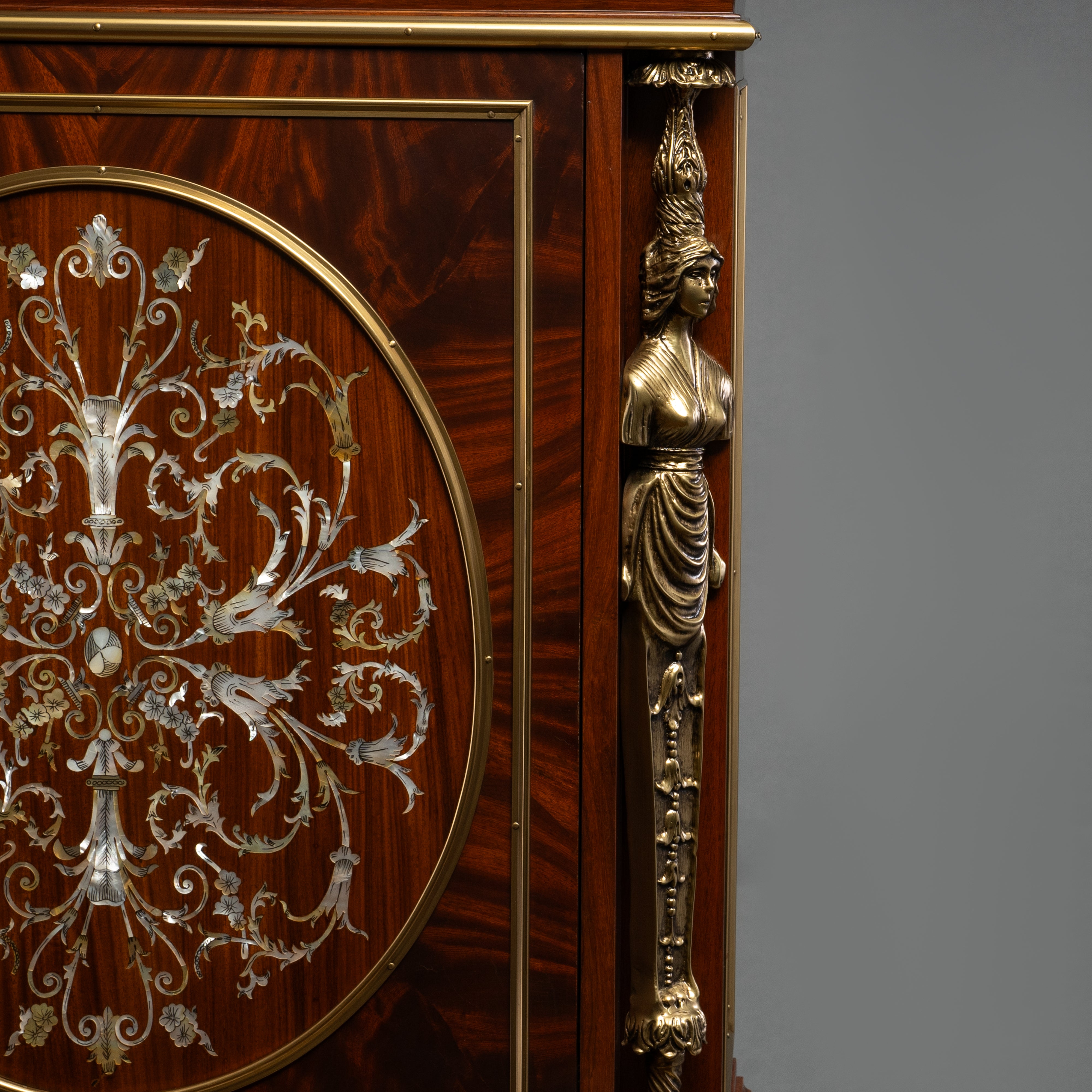 Louis XVI-Style Cabinet with Mother-of-Pearl  Inlay, Gilt Bronze Ormolu, and Fluted Legs